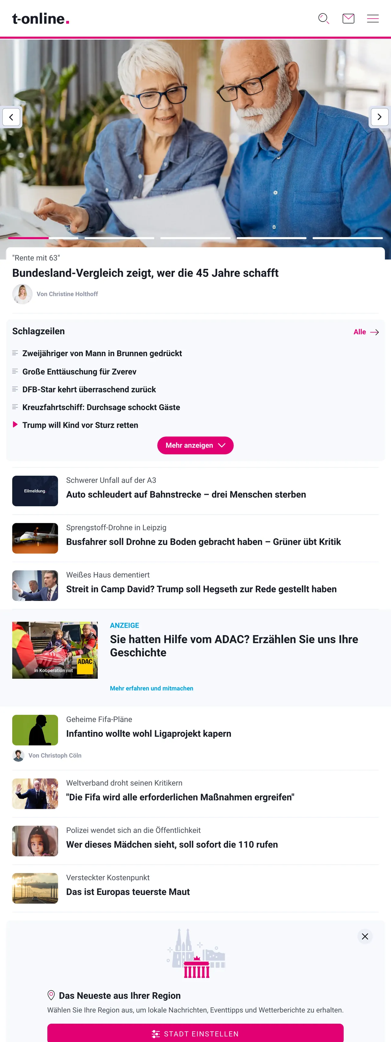 Screenshot of the t-online front page
