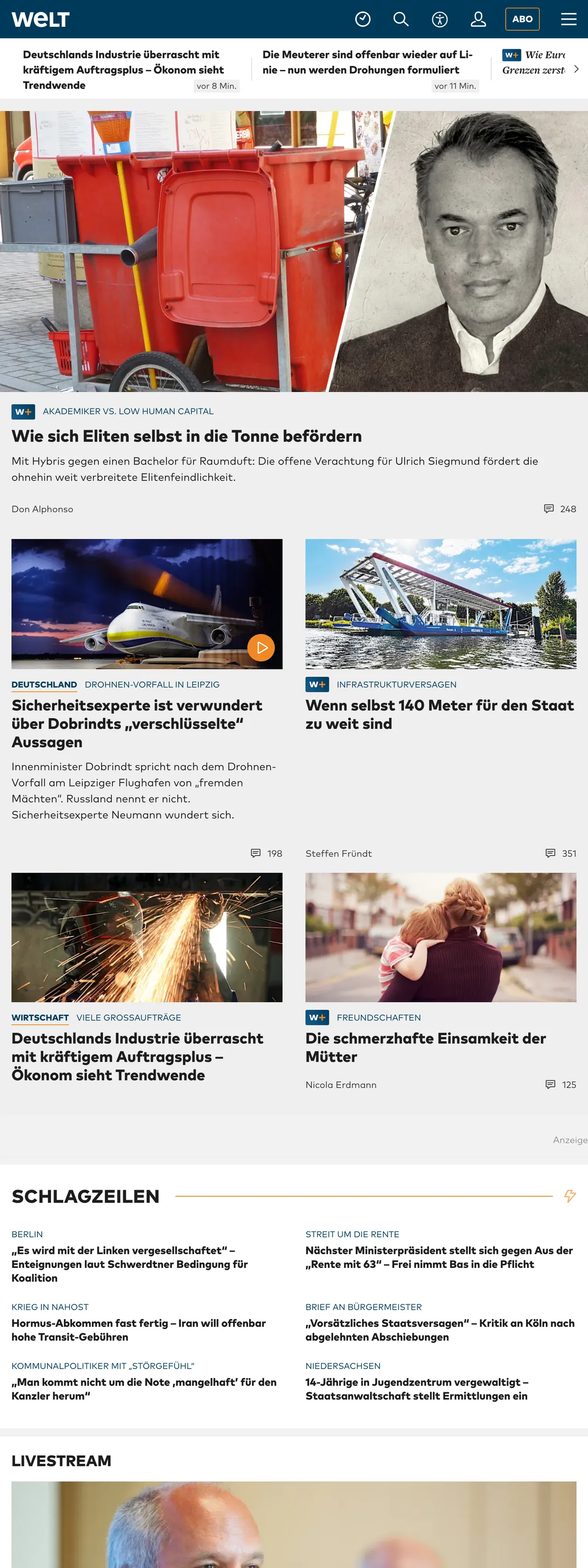 Screenshot of the WELT front page