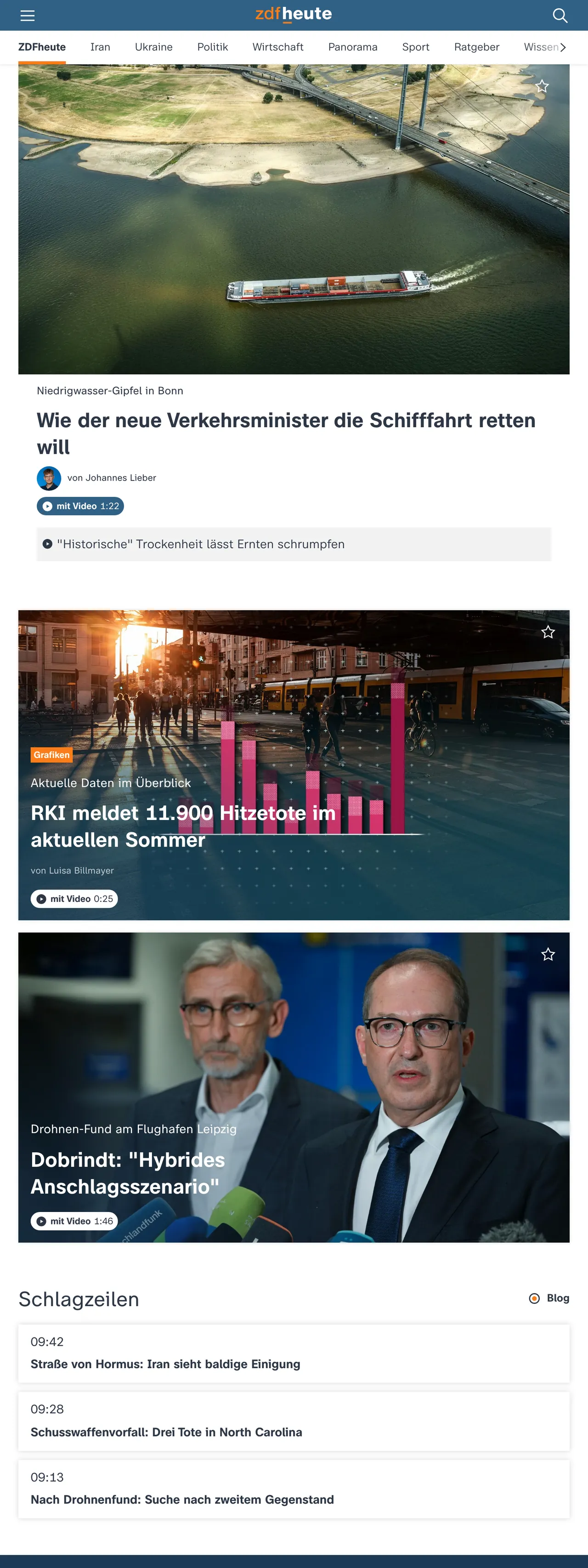Screenshot of the ZDFheute front page