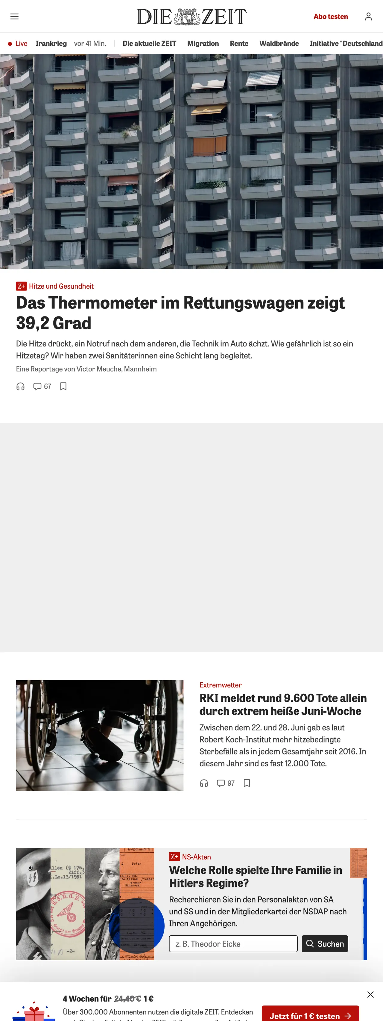 Screenshot of the ZEIT ONLINE front page