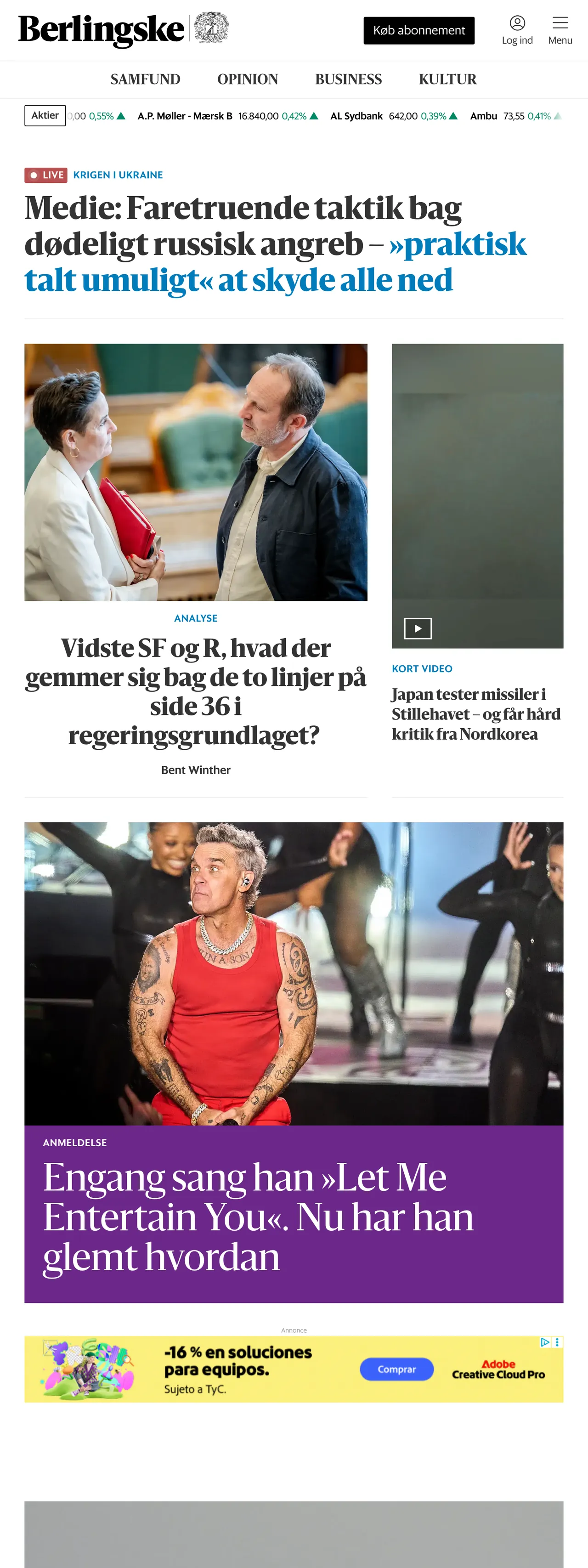 Screenshot of the Berlingske front page