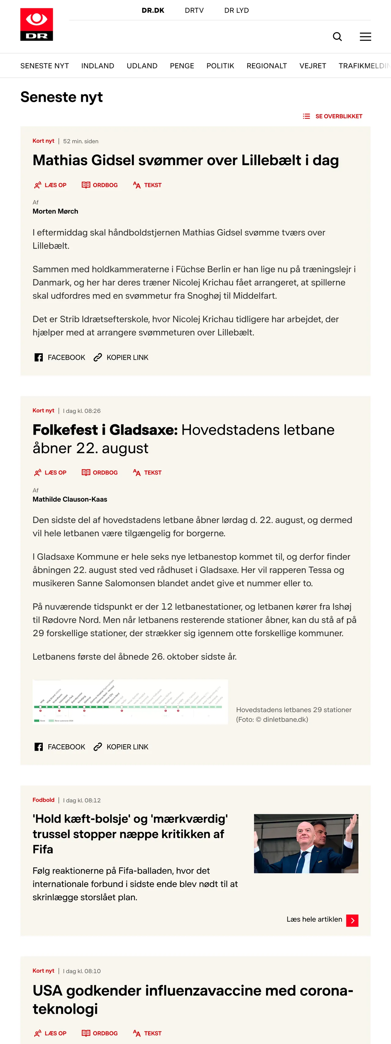 Screenshot of the DR front page