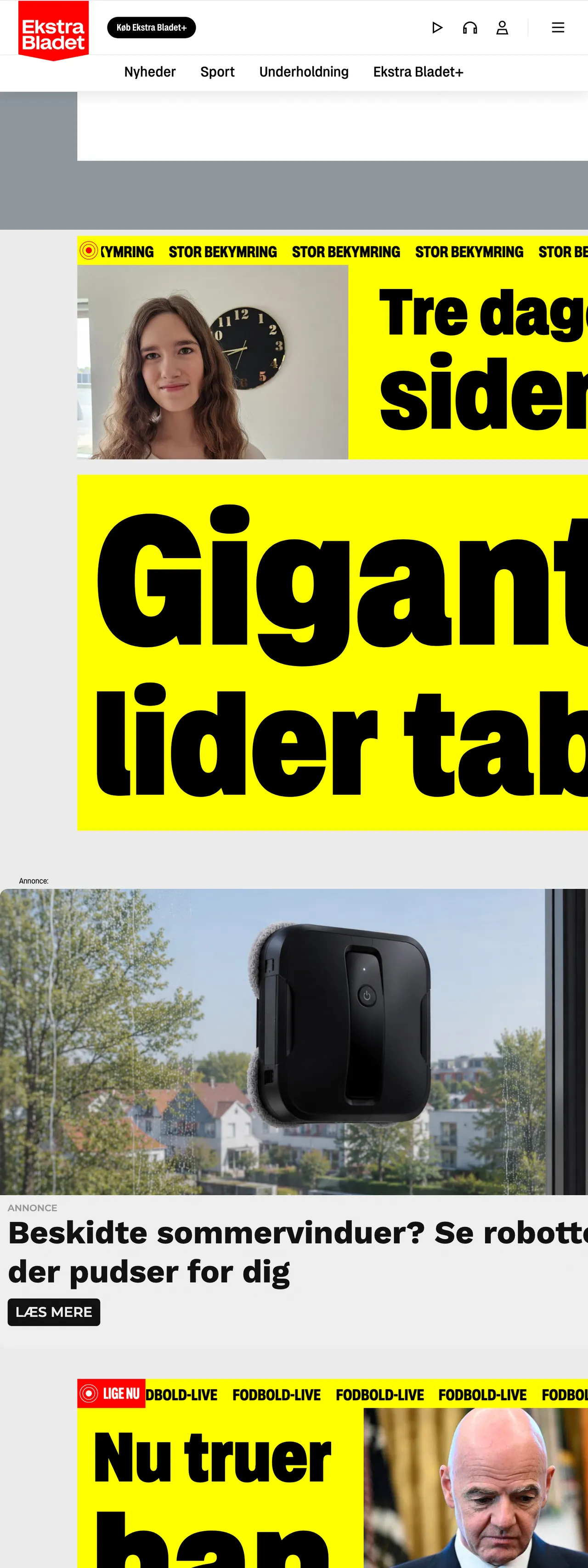 Screenshot of the Ekstra Bladet front page