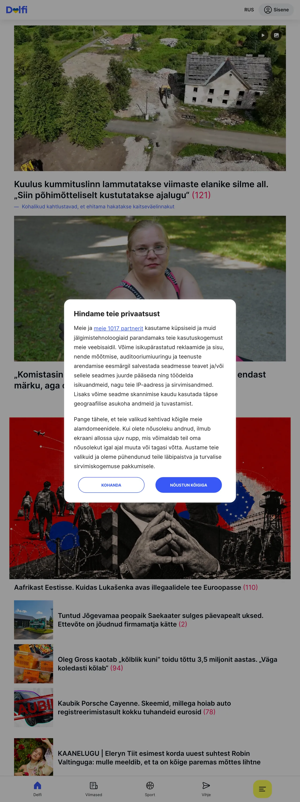 Screenshot of the Delfi front page