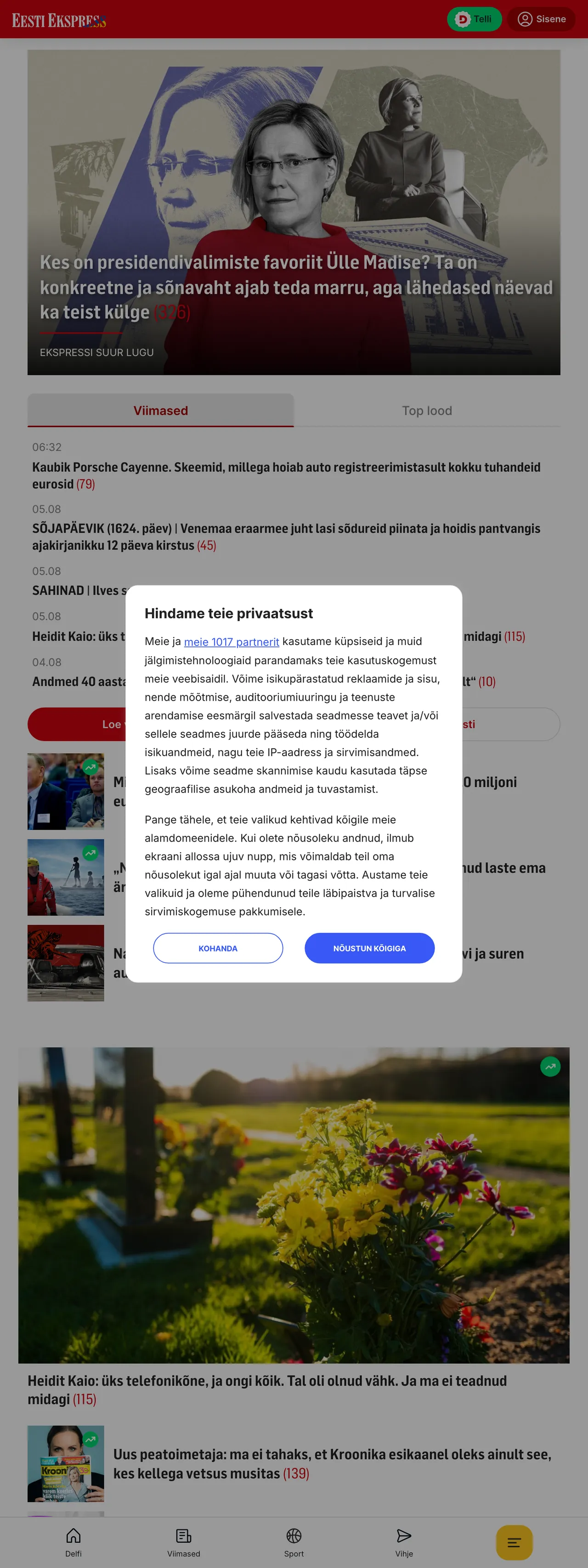 Screenshot of the Eesti Ekspress front page