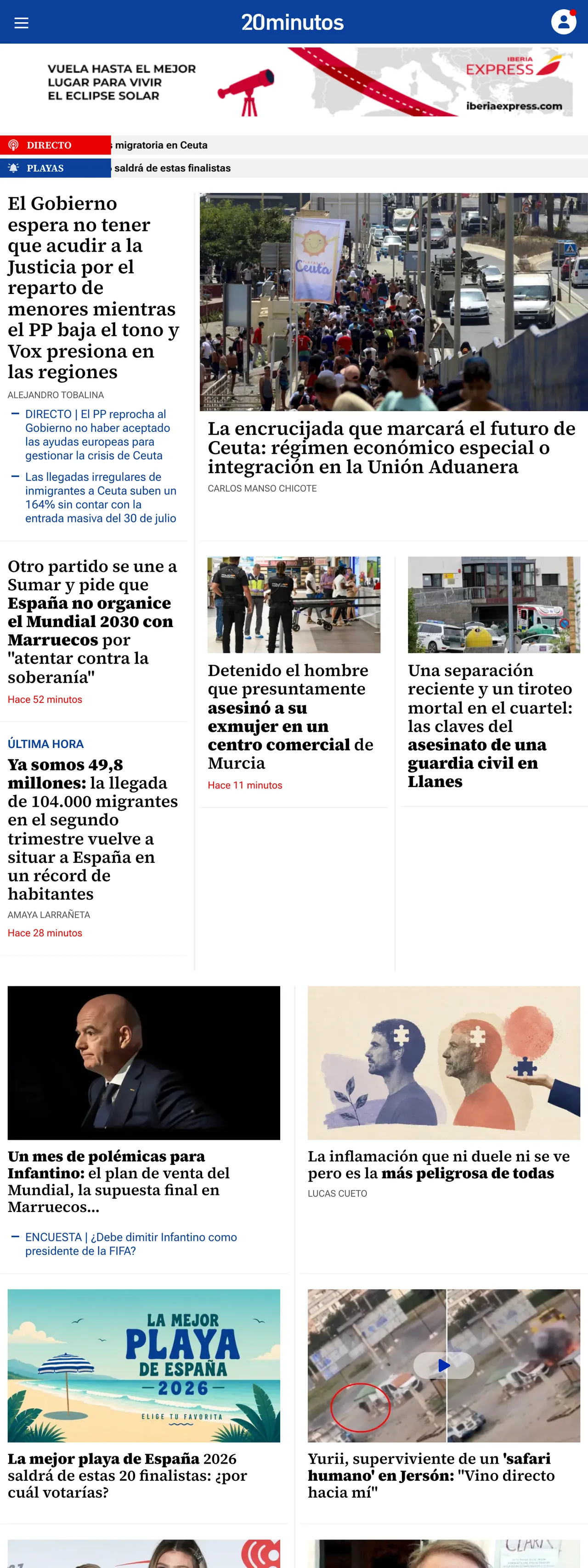 Screenshot of the 20minutos front page