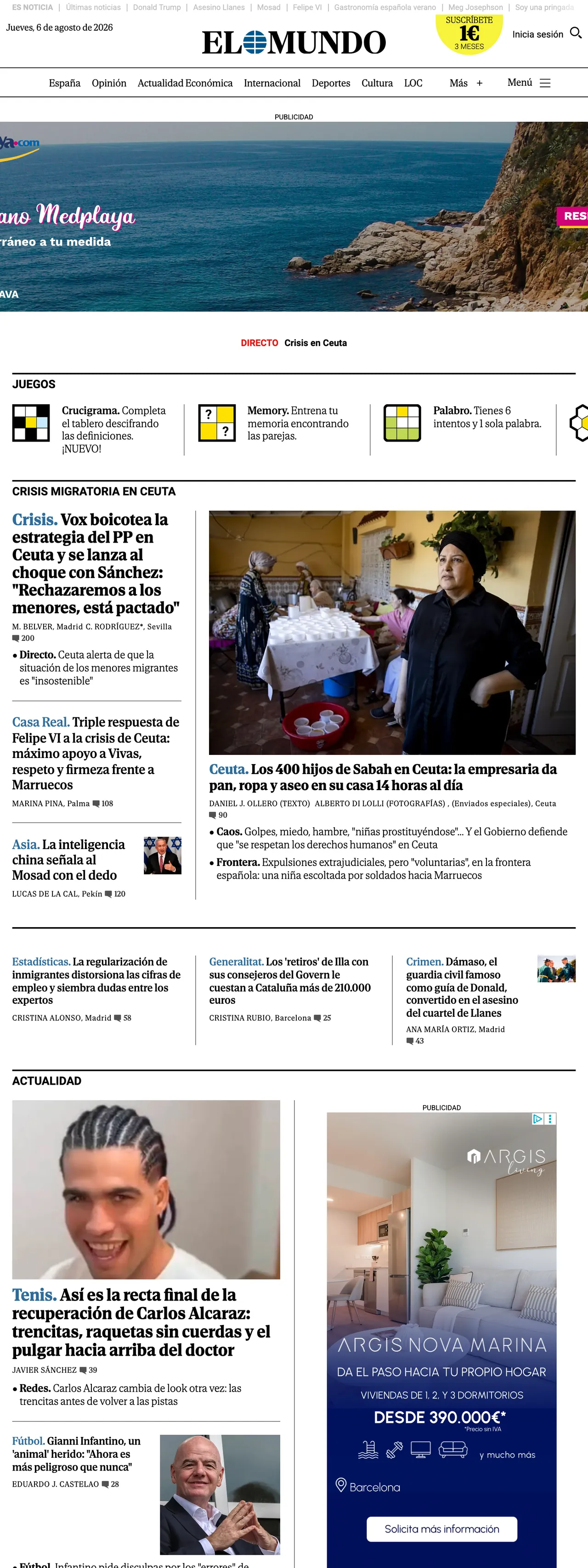 Screenshot of the El Mundo front page