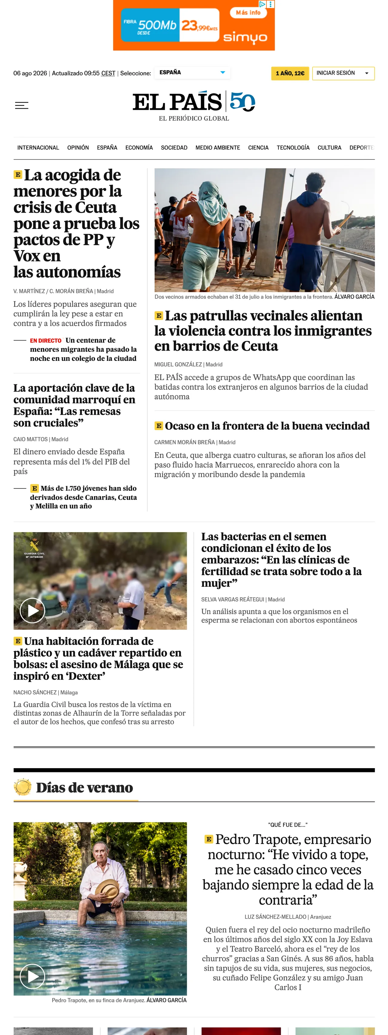 Screenshot of the EL PAÍS front page