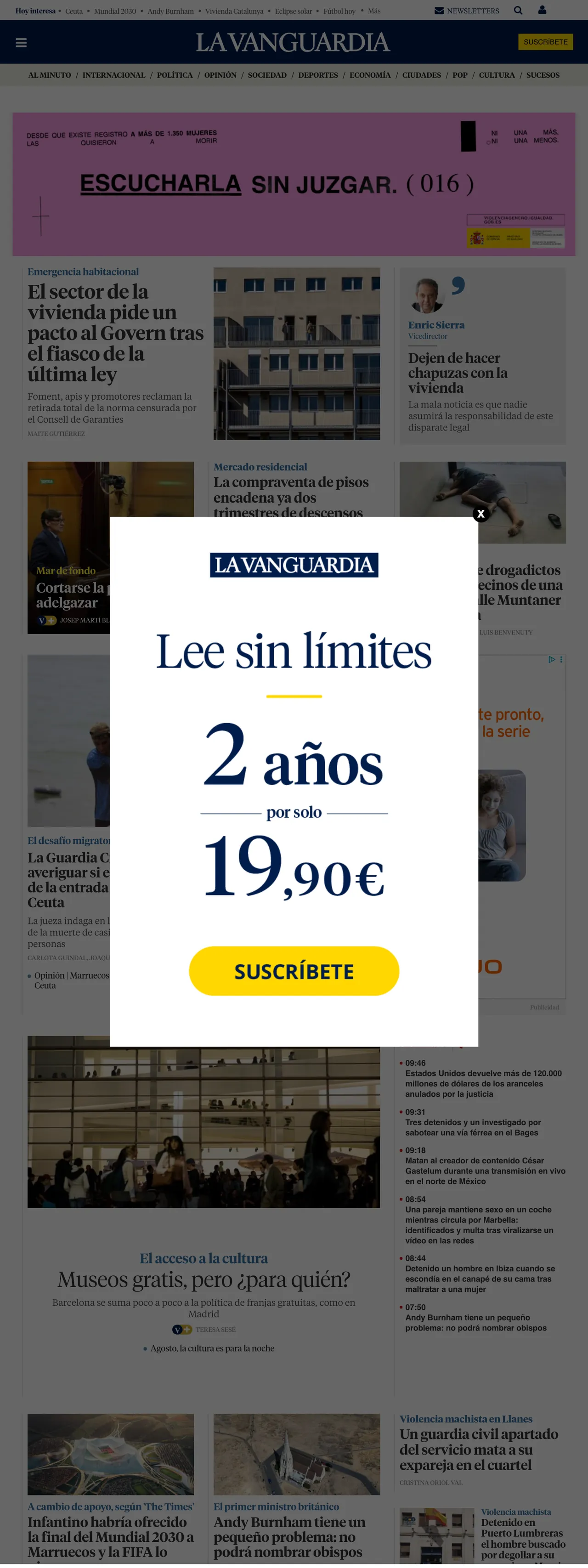 Screenshot of the La Vanguardia front page