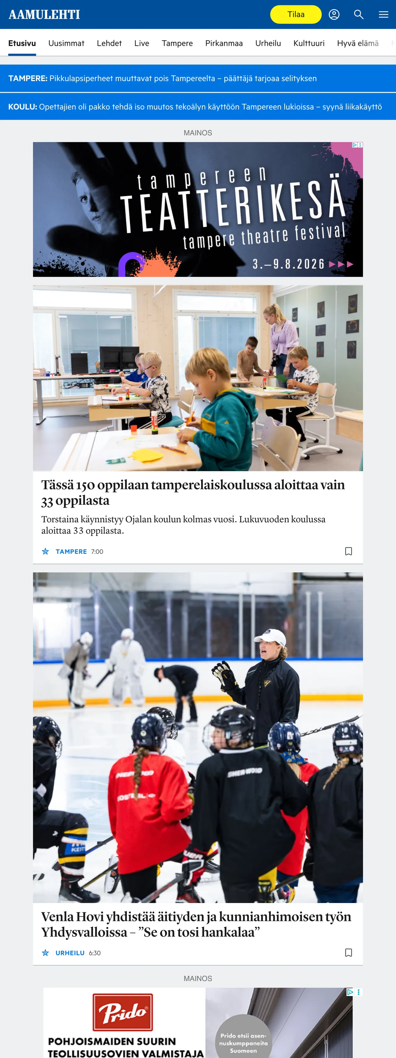 Screenshot of the Aamulehti front page
