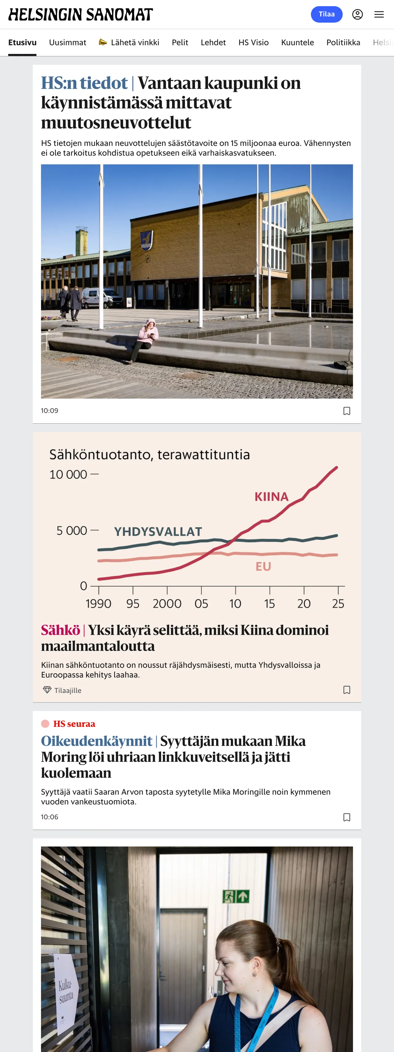 Screenshot of the Helsingin Sanomat front page