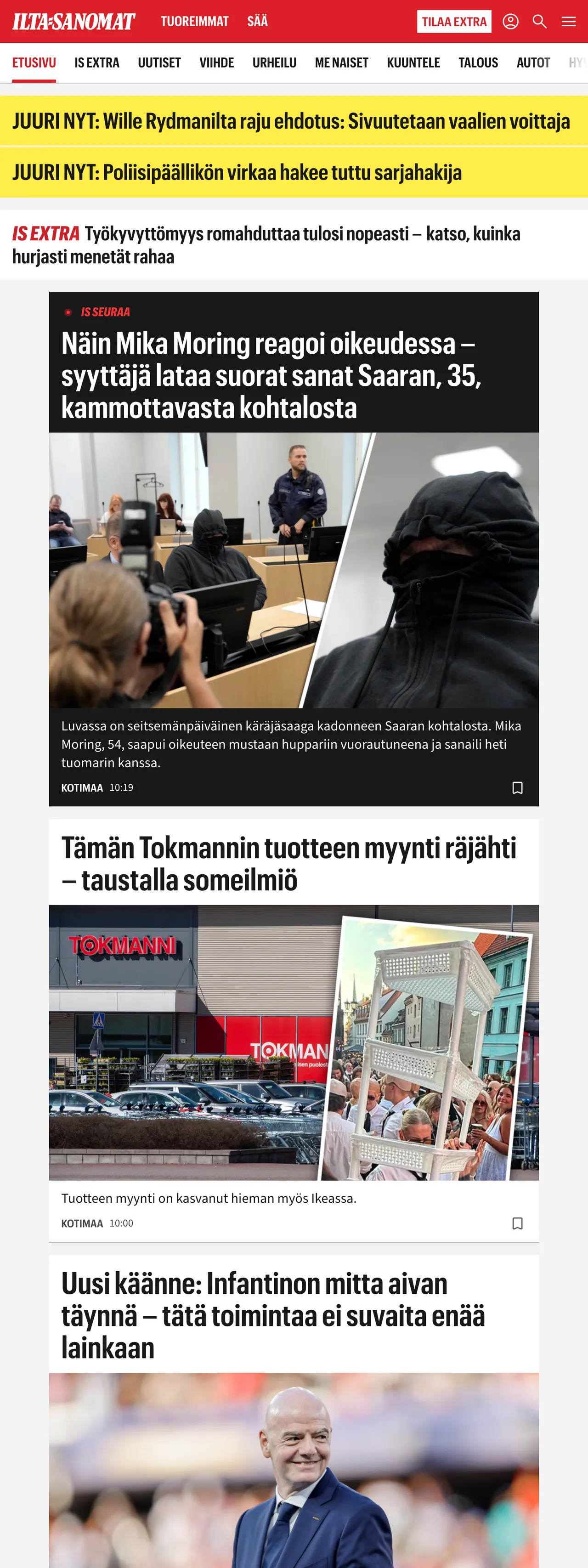 Screenshot of the Ilta-Sanomat front page