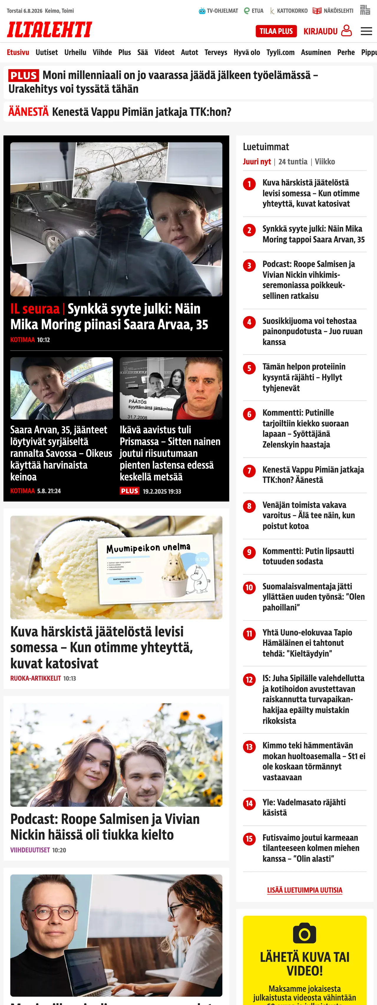Screenshot of the Iltalehti front page