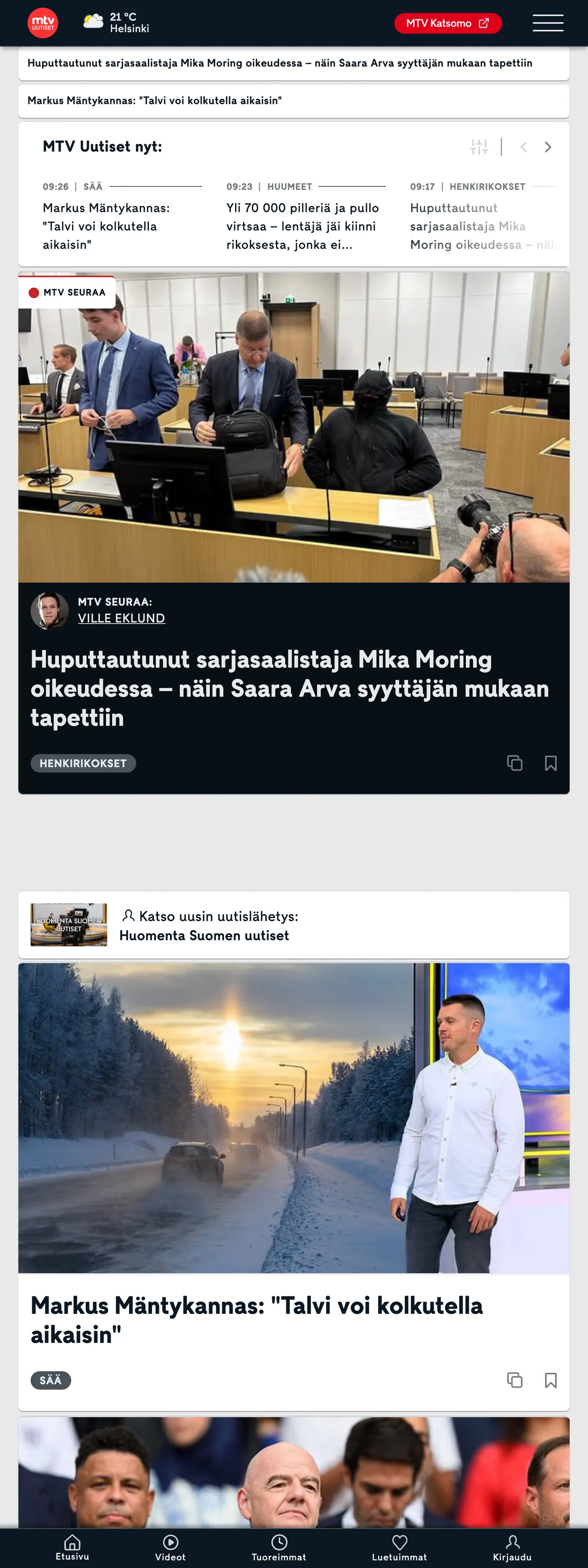 Screenshot of the MTV Uutiset front page