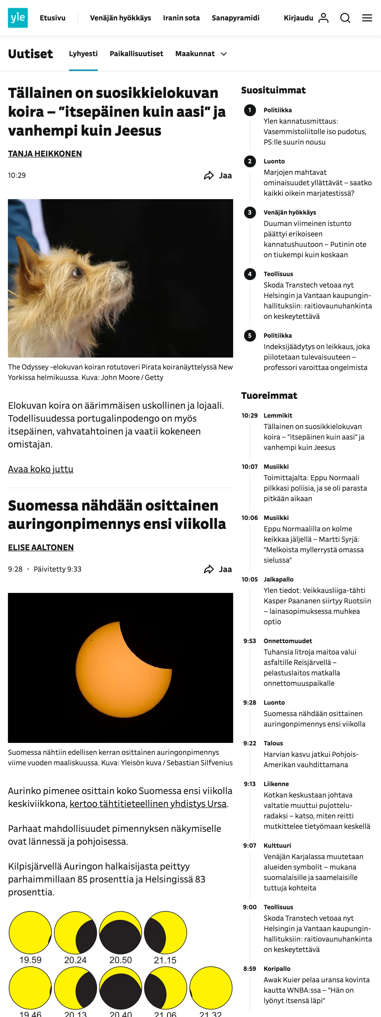Screenshot of the Yle front page