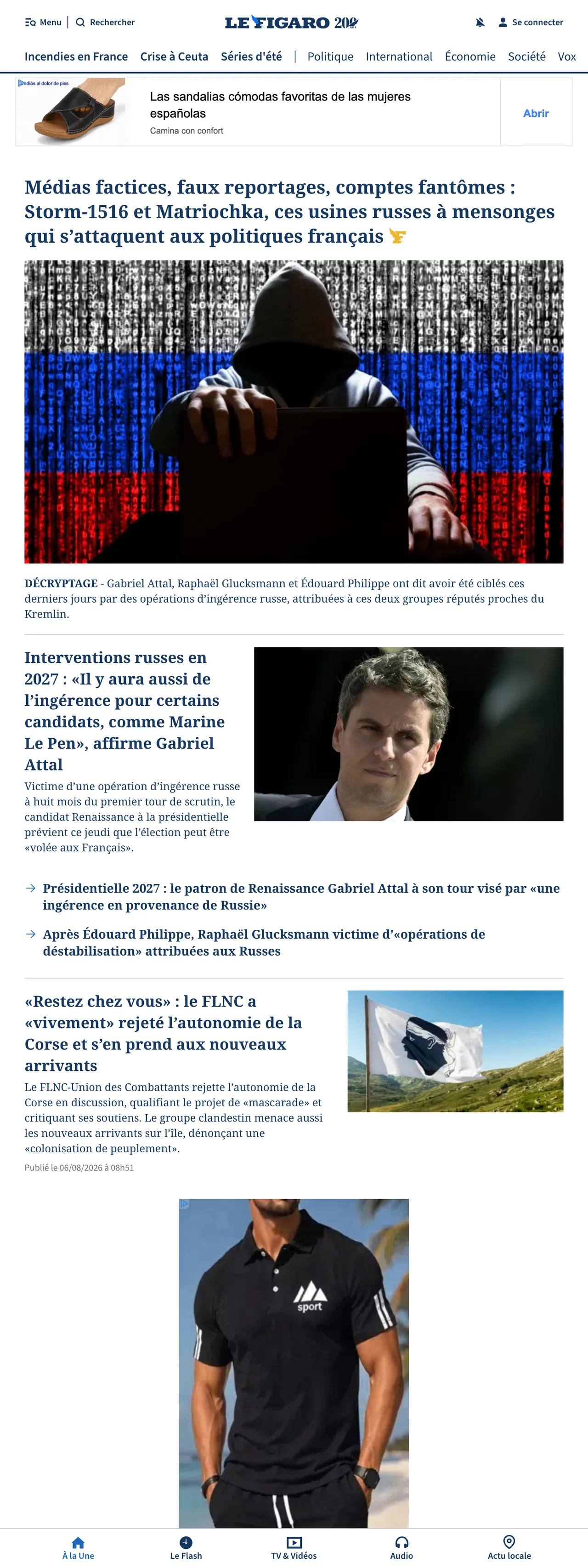 Screenshot of the Le Figaro front page