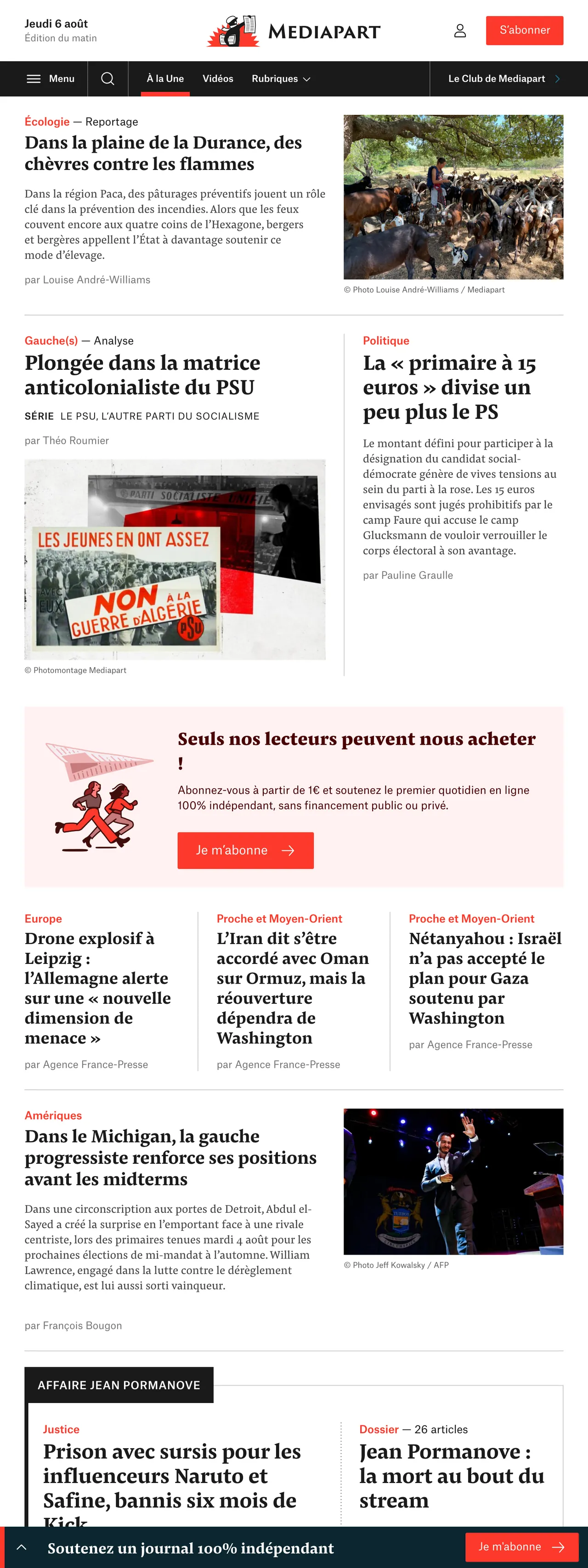 Screenshot of the Mediapart front page