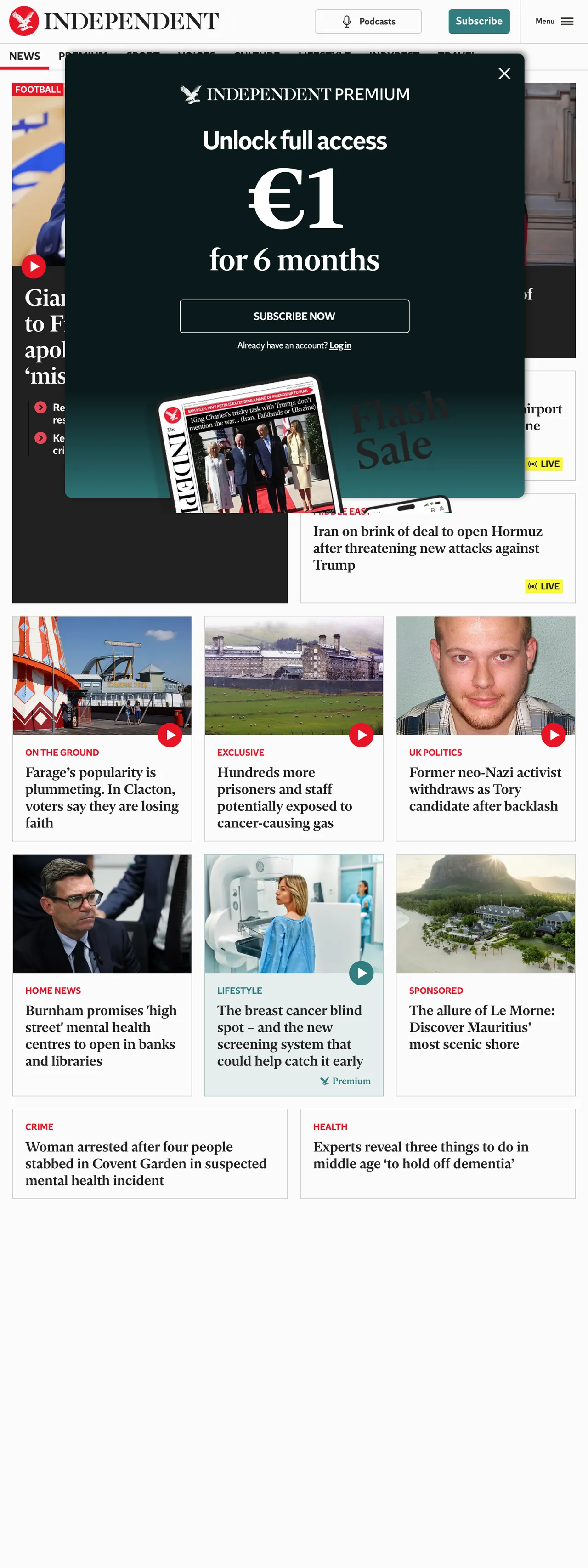 Screenshot of the The Independent front page