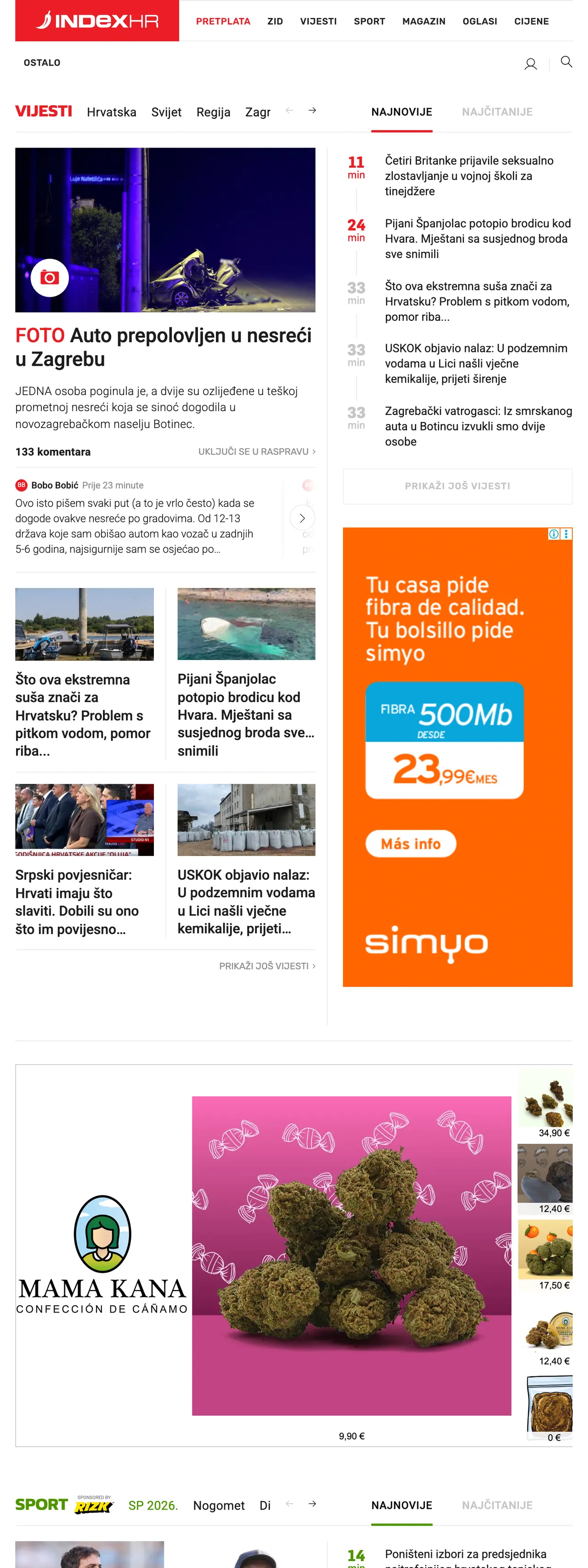 Screenshot of the Index.hr front page