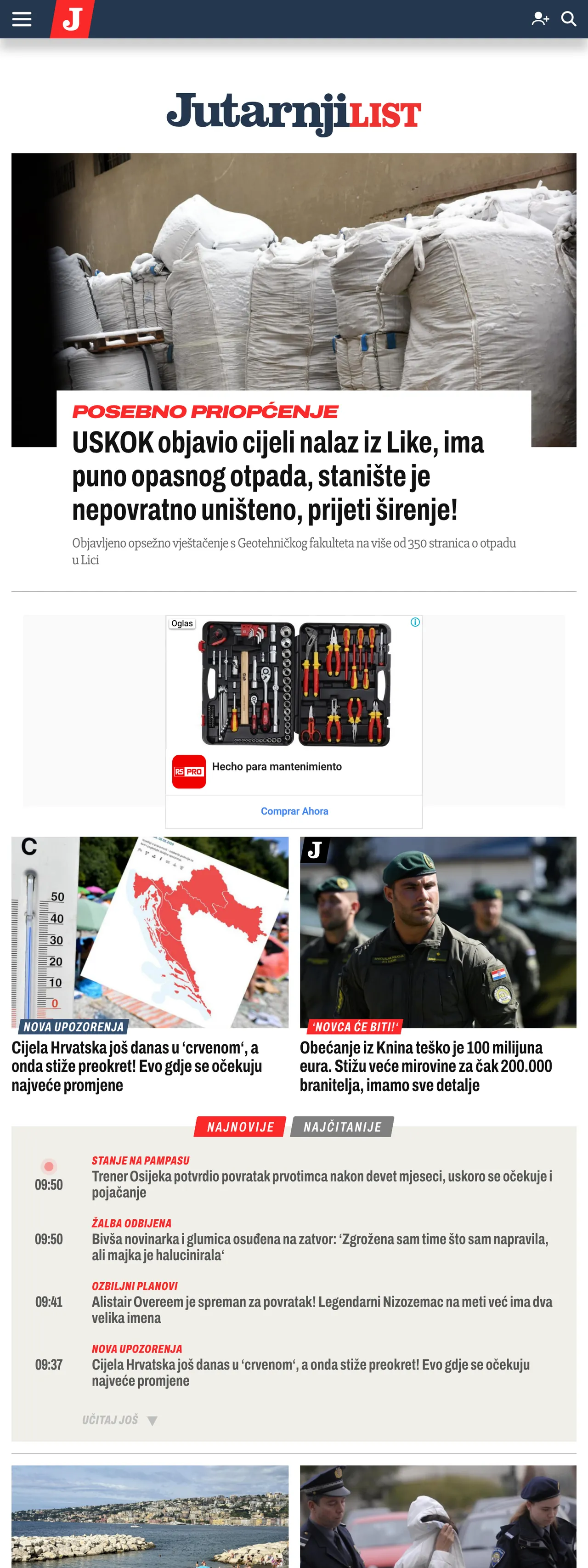 Screenshot of the Jutarnji list front page