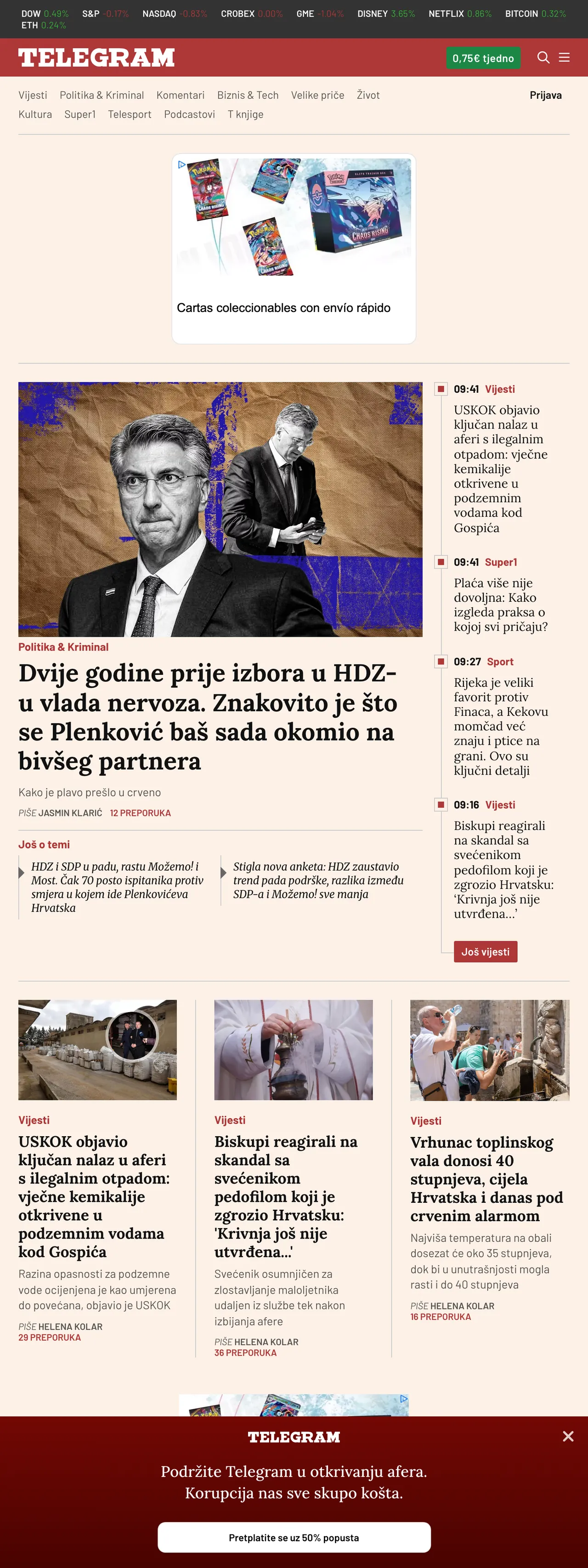 Screenshot of the Telegram.hr front page