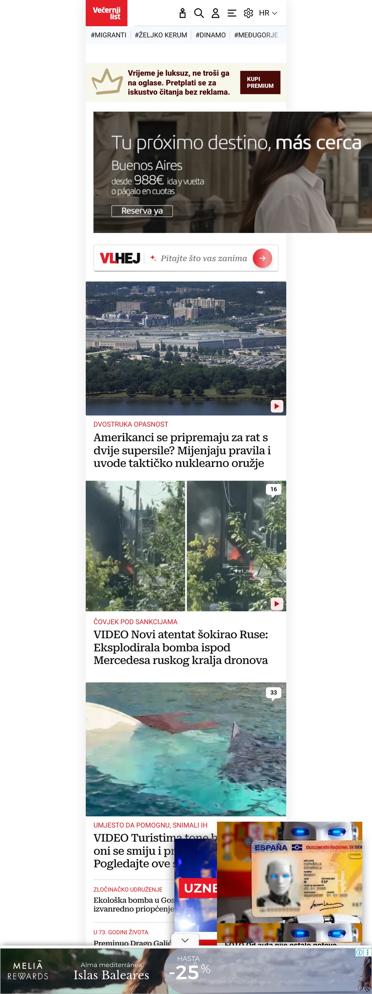 Screenshot of the Večernji list front page
