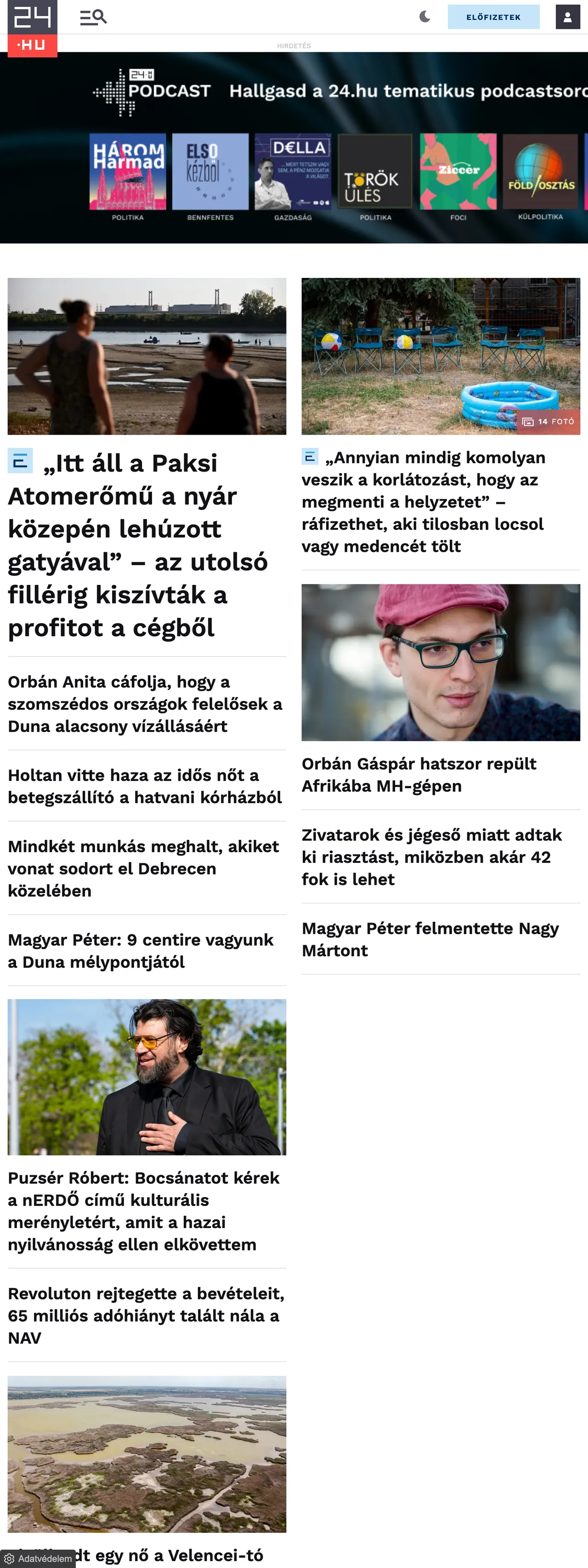 Screenshot of the 24.hu front page