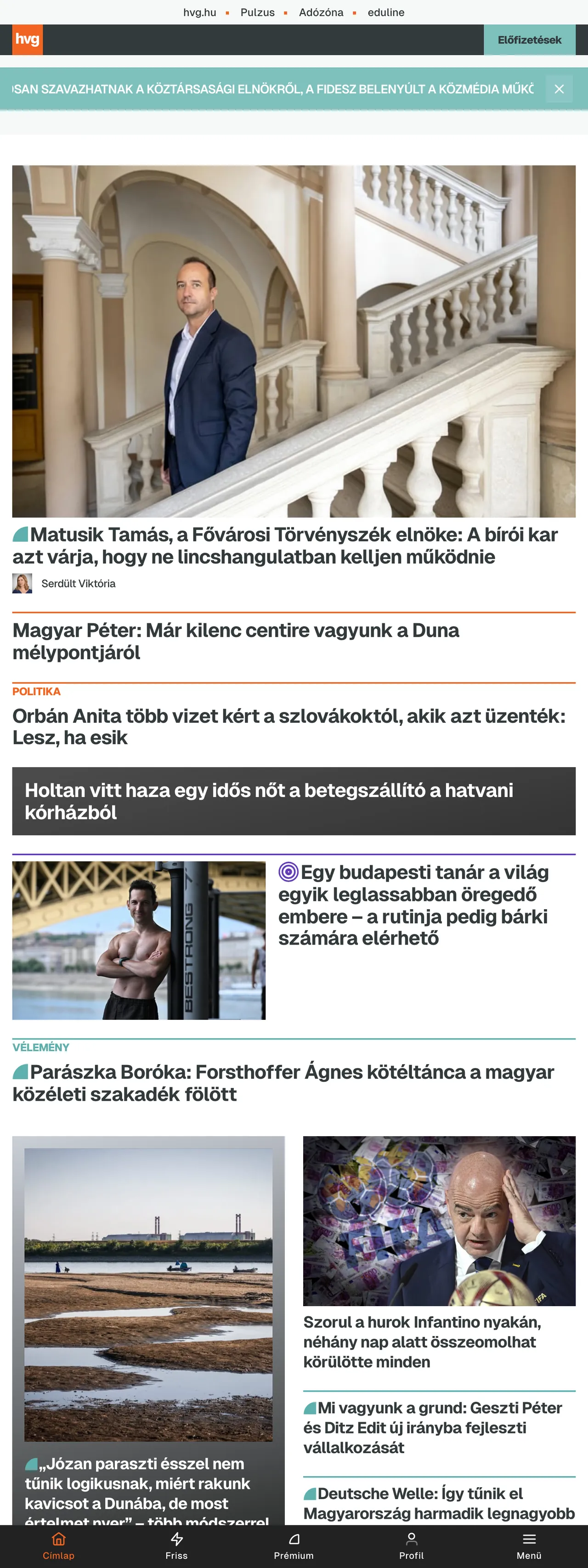 Screenshot of the HVG front page