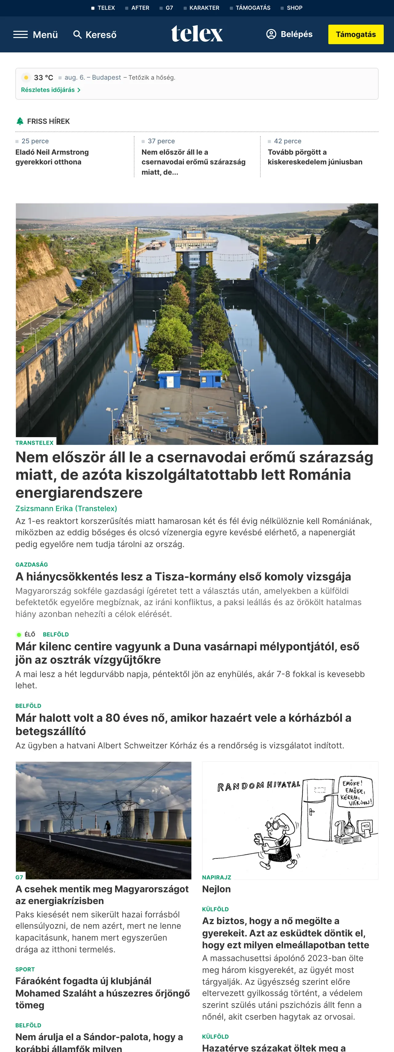 Screenshot of the Telex front page