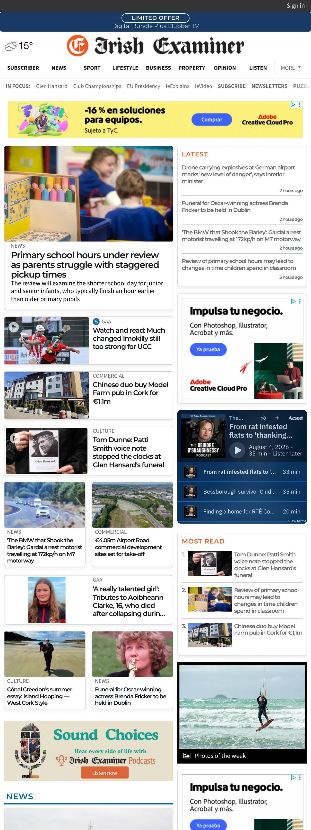 Screenshot of the Irish Examiner front page