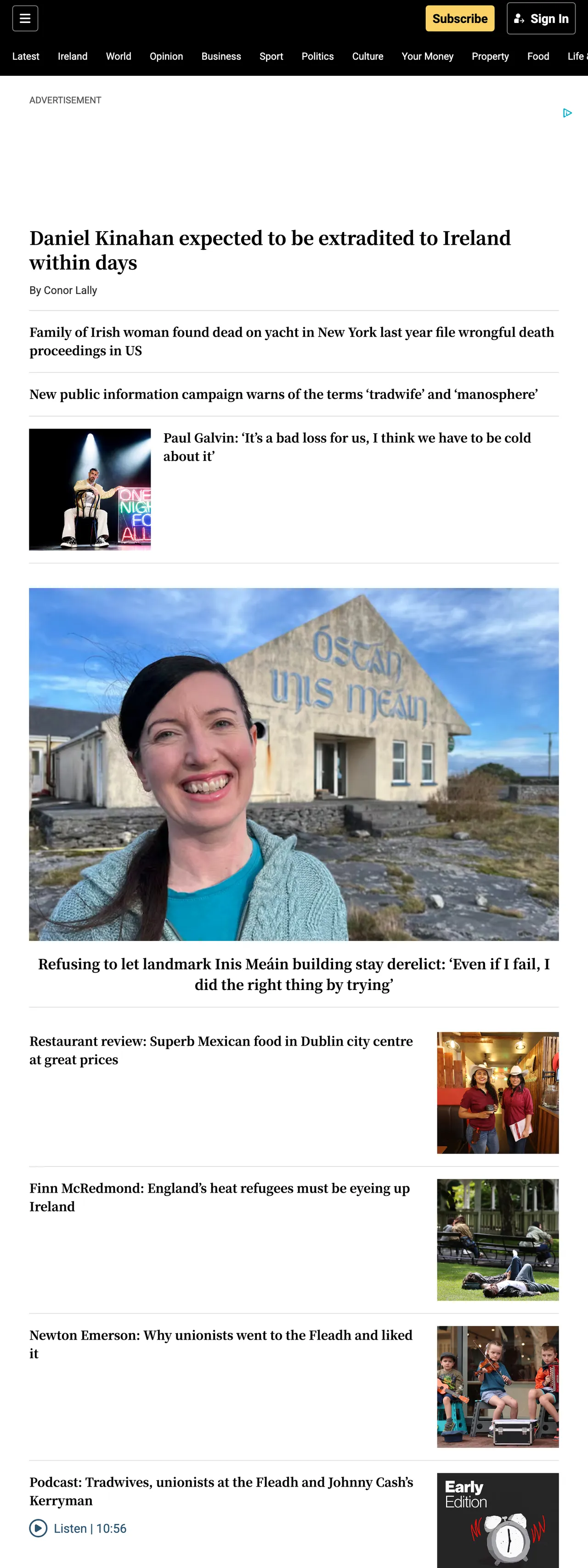Screenshot of the The Irish Times front page