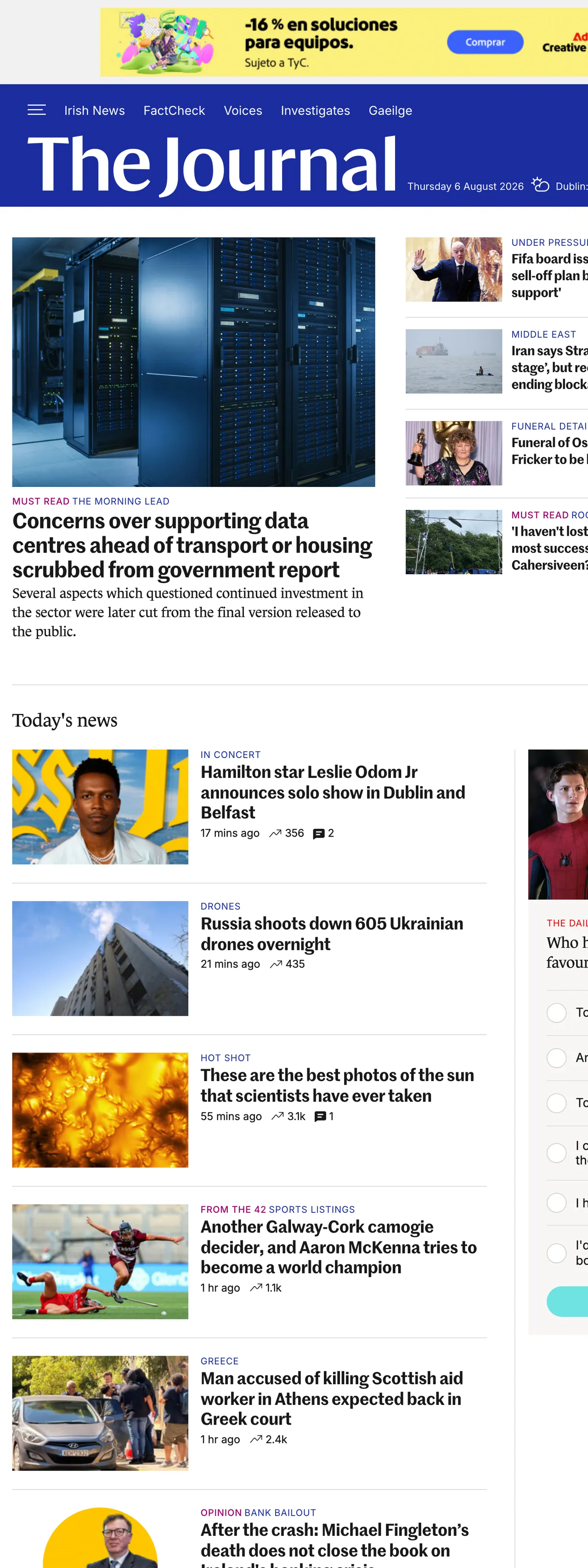 Screenshot of the TheJournal.ie front page