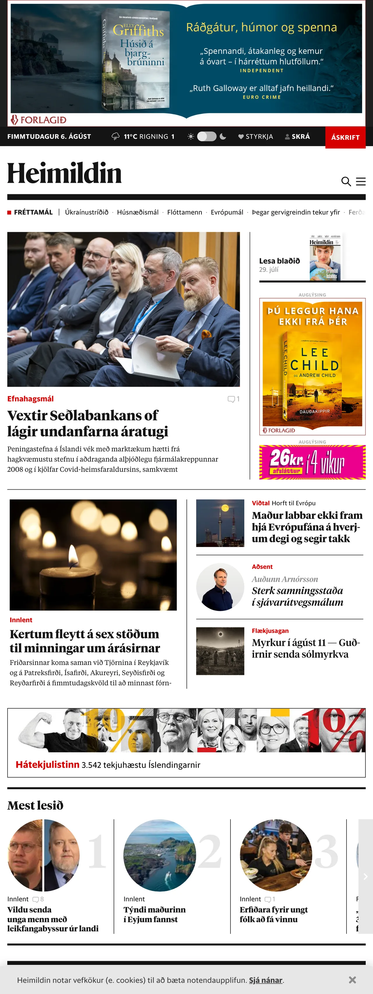 Screenshot of the Heimildin front page