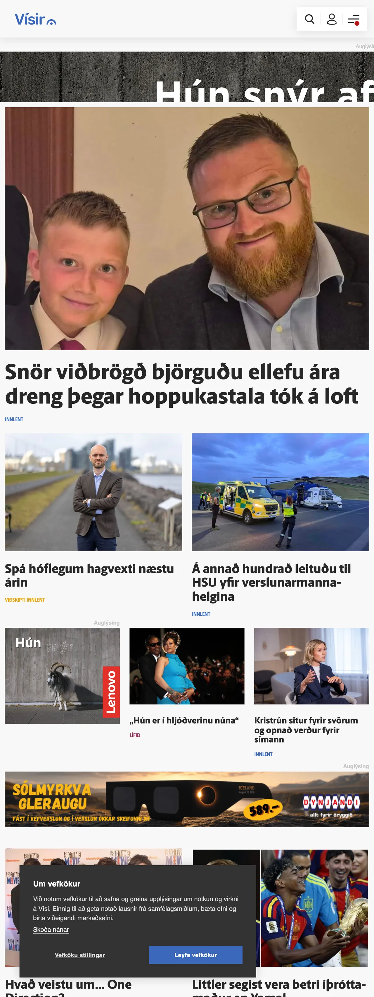 Screenshot of the Vísir front page