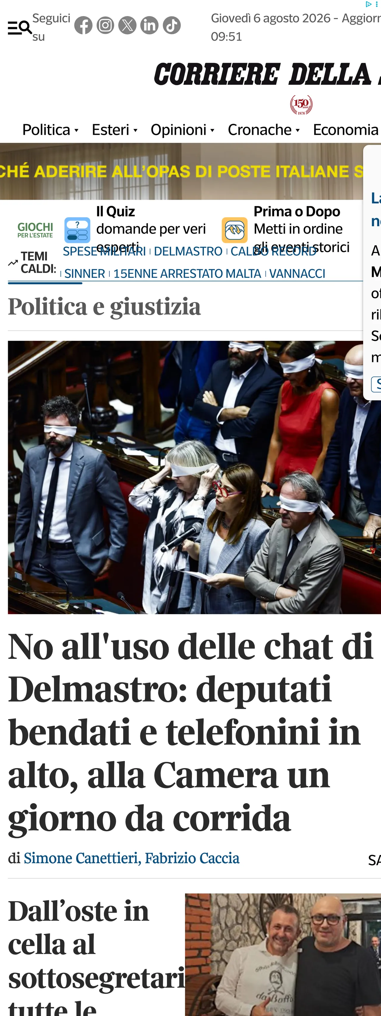 Screenshot of the Corriere della Sera front page