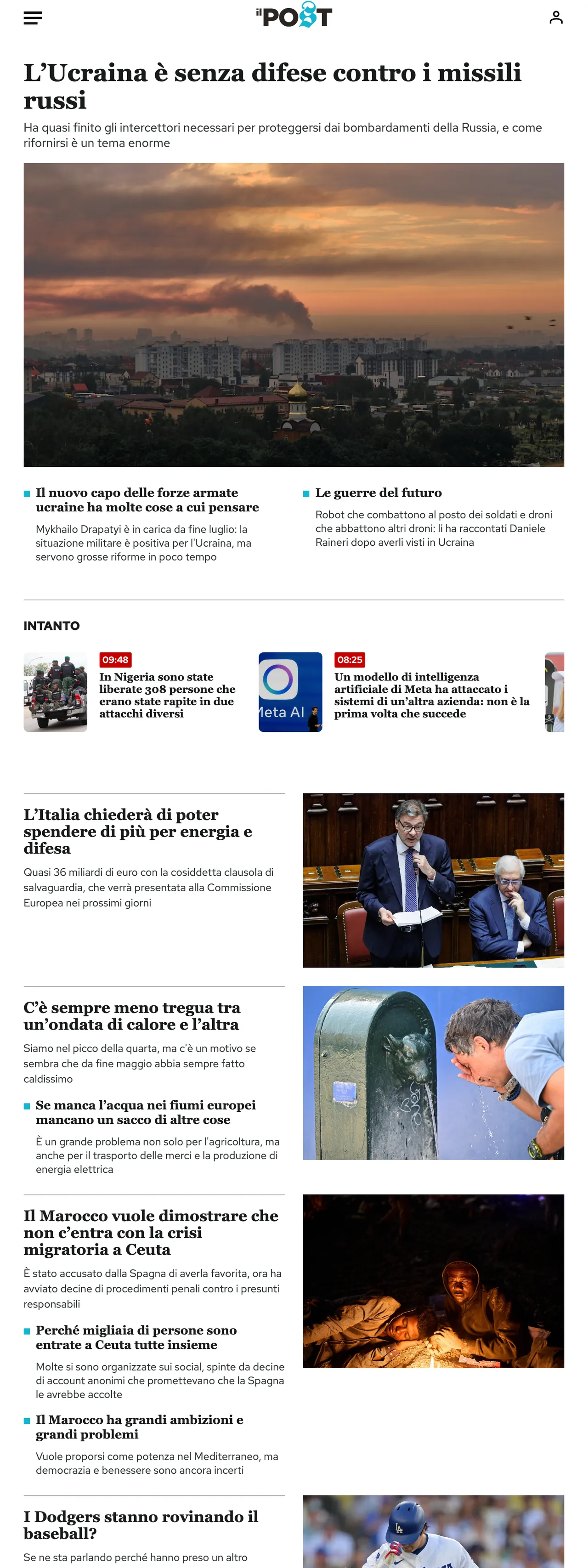 Screenshot of the Il Post front page