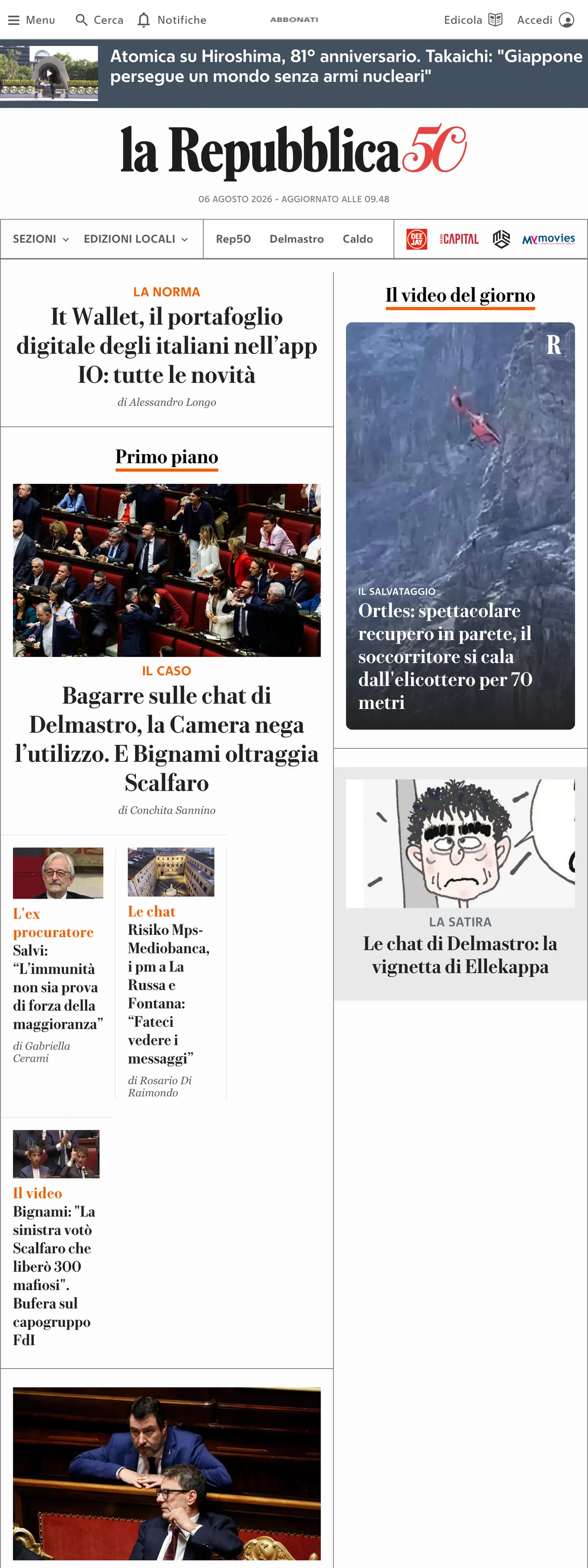 Screenshot of the la Repubblica front page