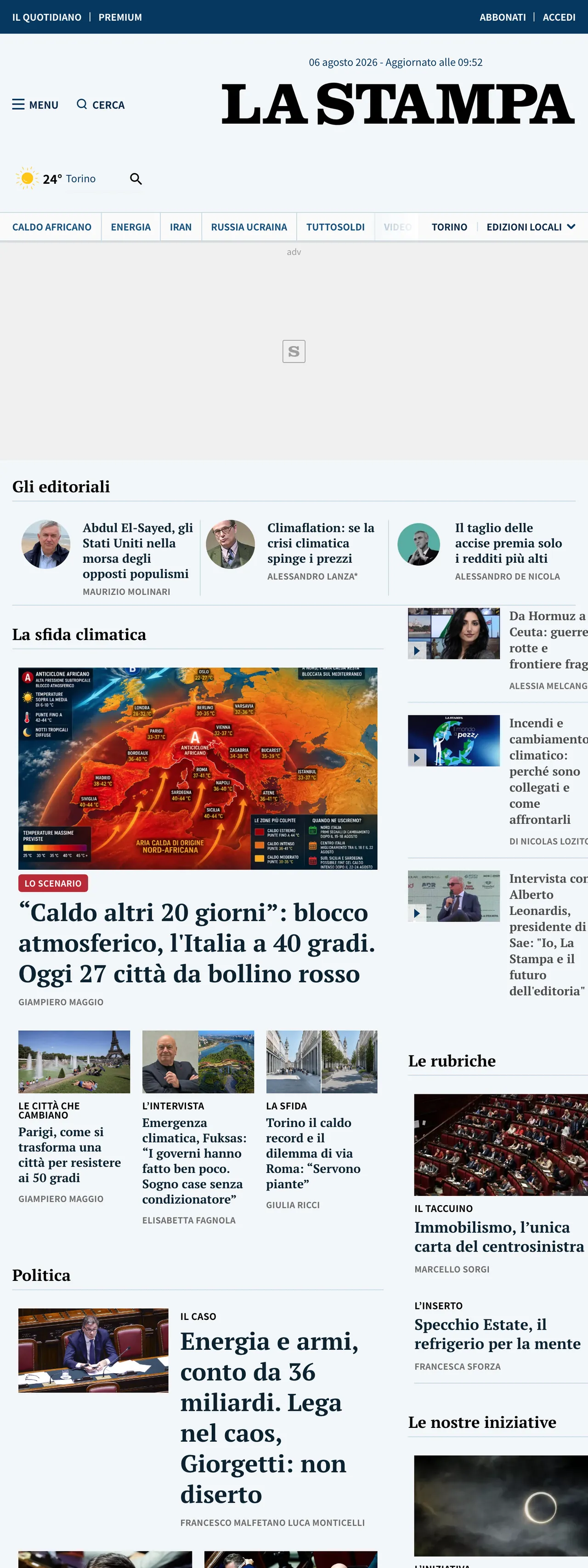 Screenshot of the La Stampa front page