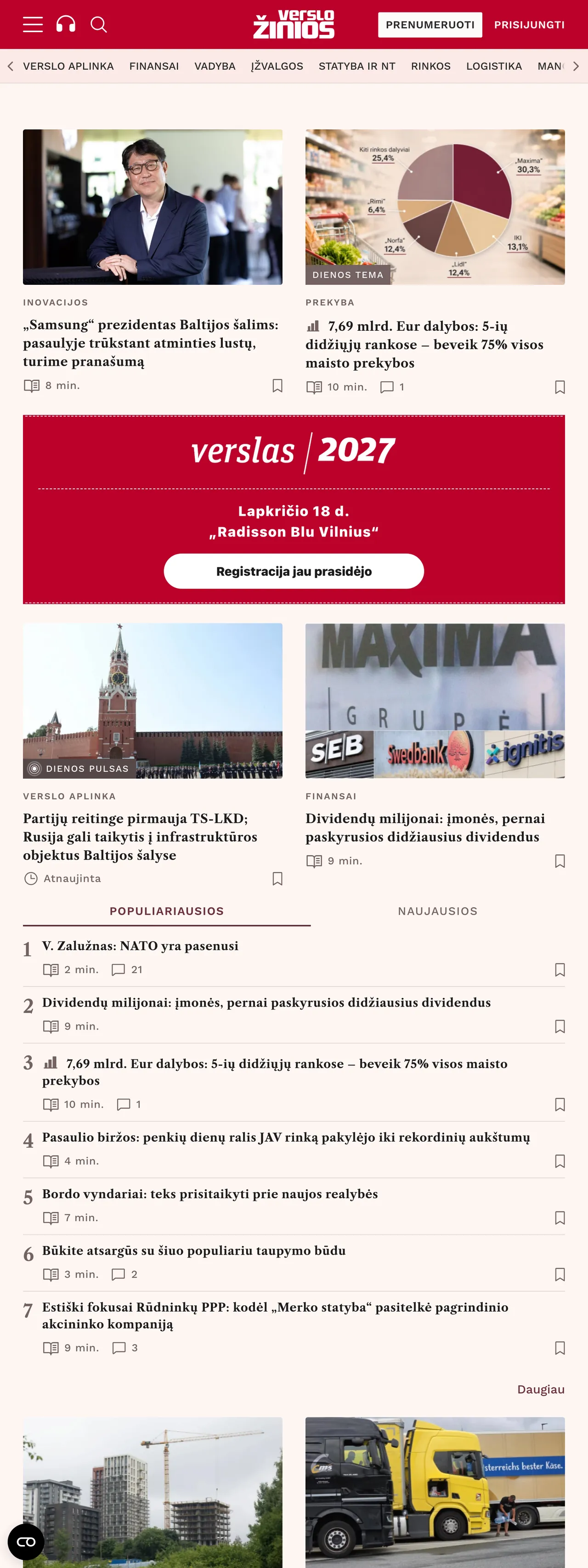 Screenshot of the Verslo žinios front page