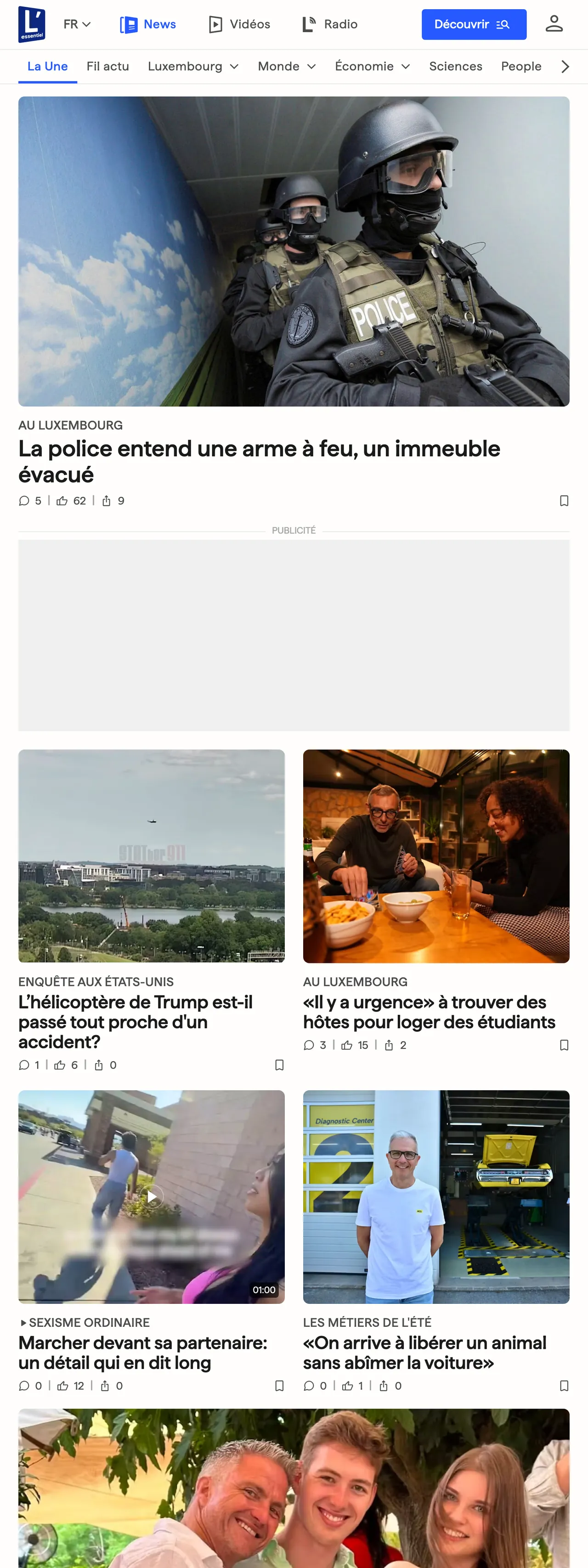 Screenshot of the L'essentiel front page