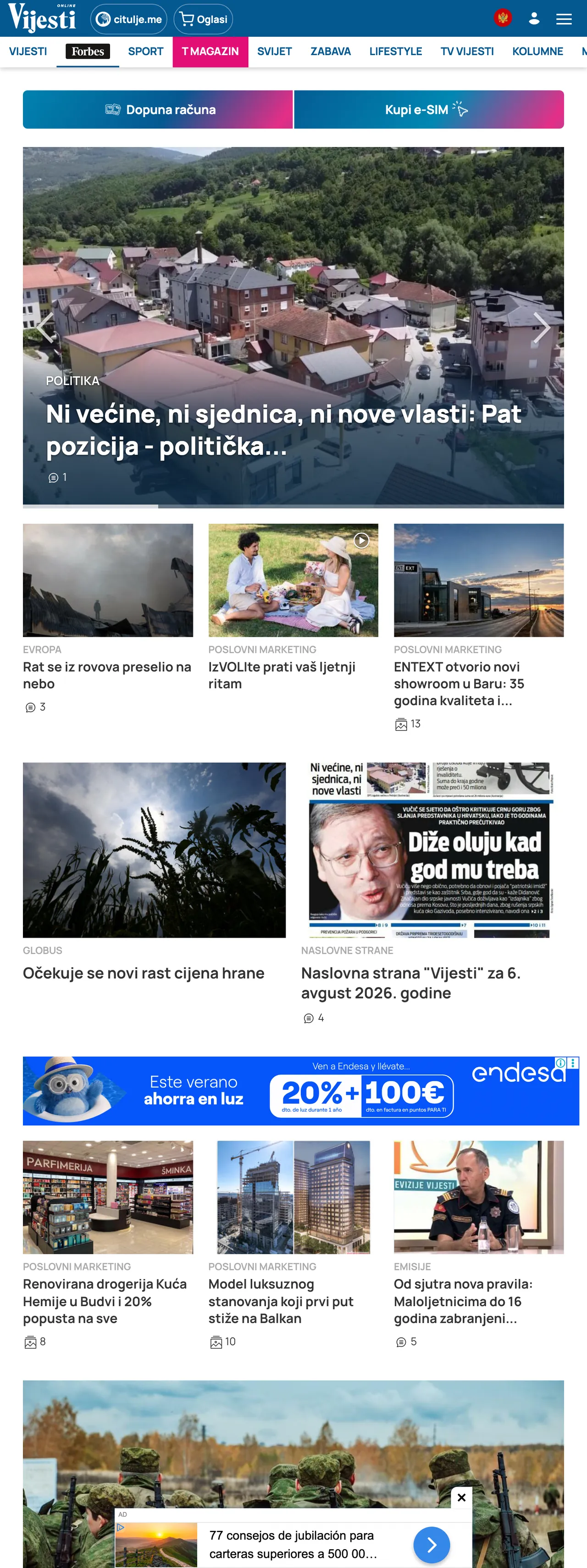 Screenshot of the Vijesti front page