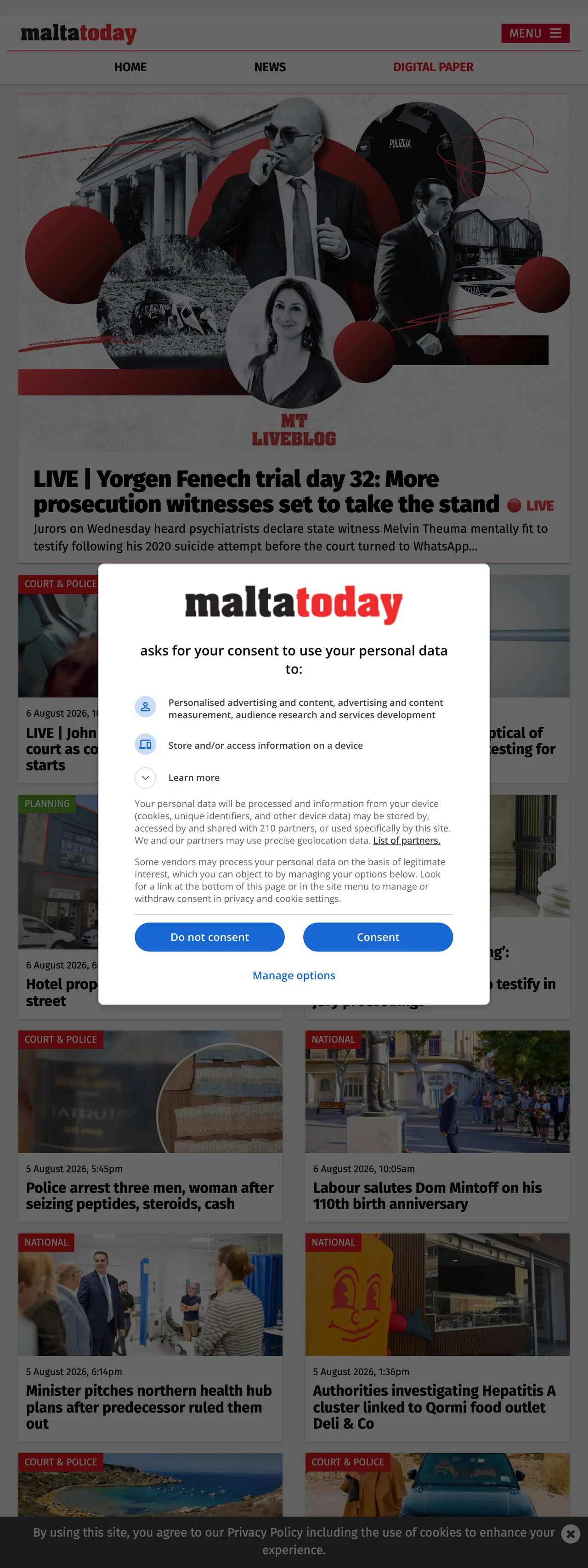 Screenshot of the Malta Today front page