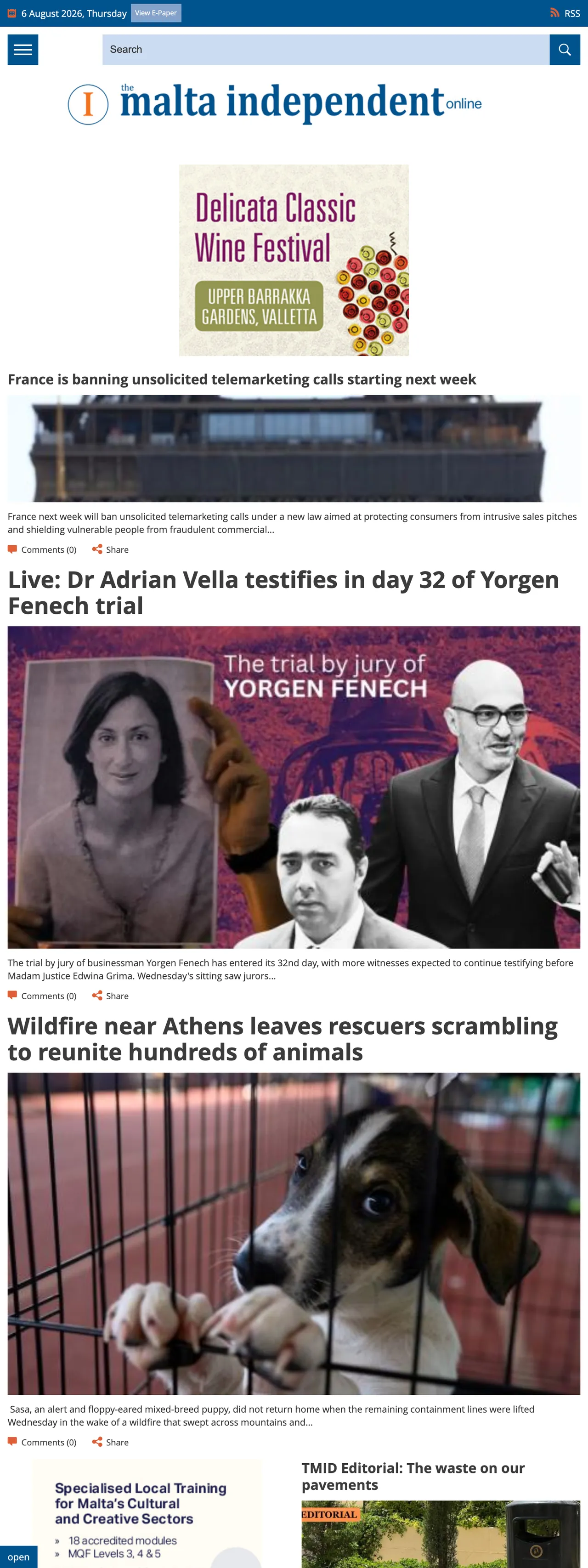 Screenshot of the The Malta Independent front page