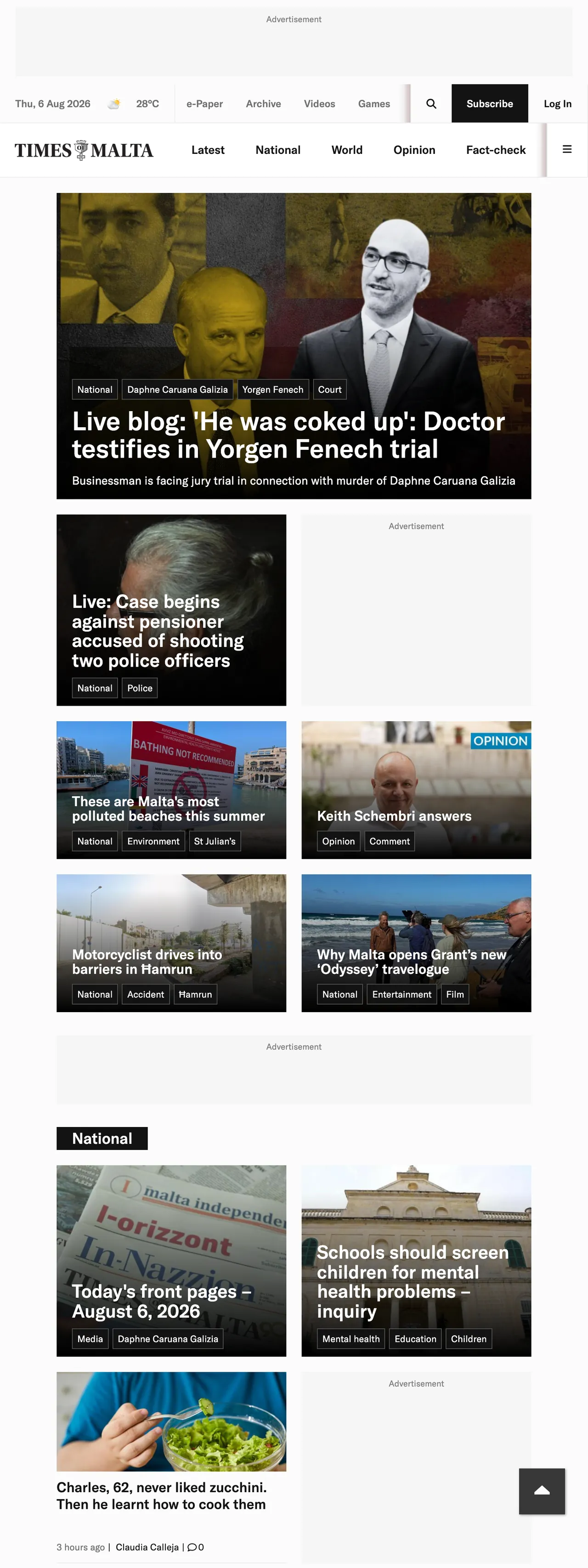 Screenshot of the Times of Malta front page