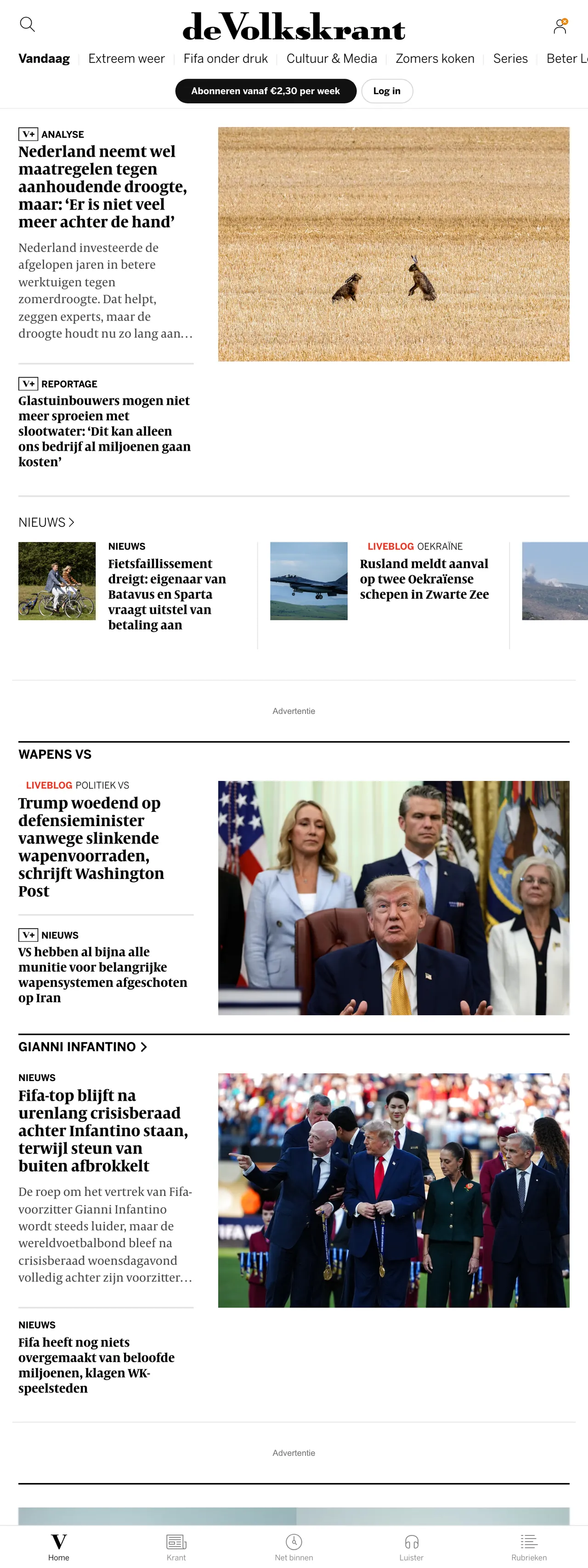 Screenshot of the de Volkskrant front page