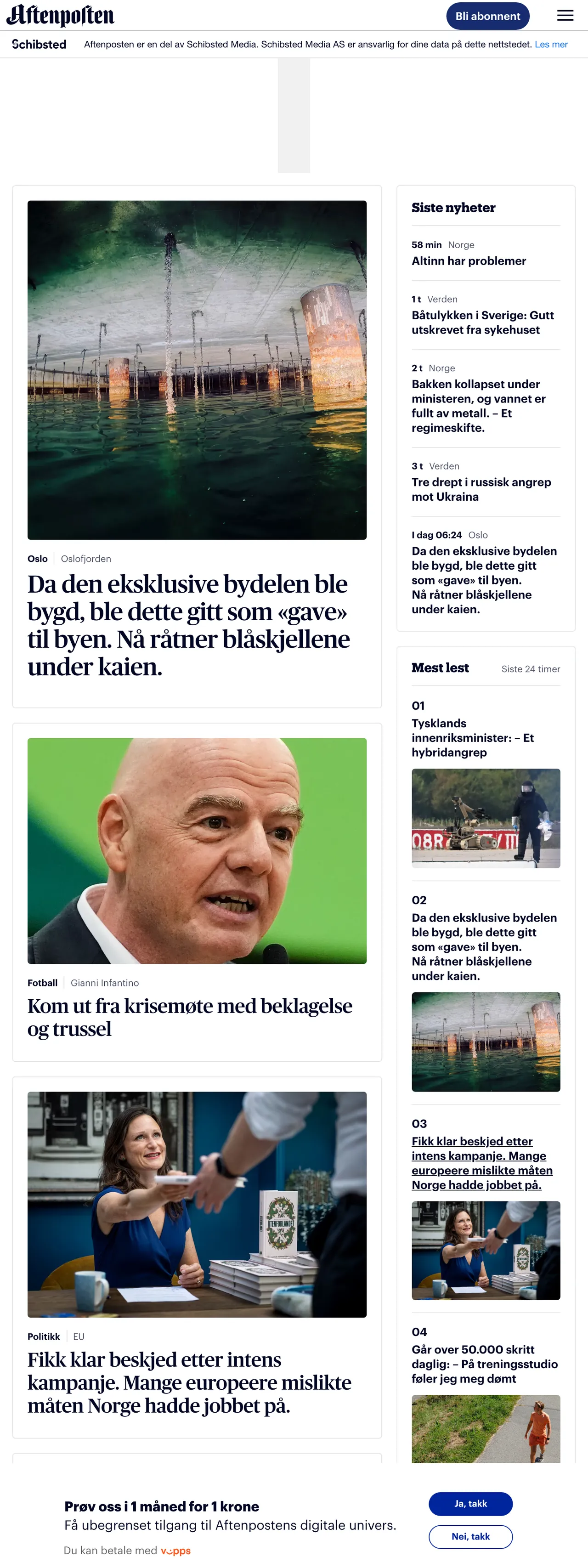 Screenshot of the Aftenposten front page