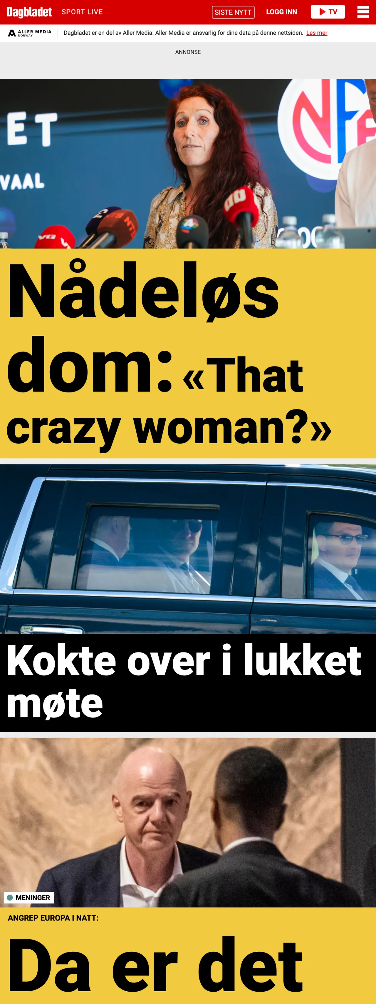 Screenshot of the Dagbladet front page
