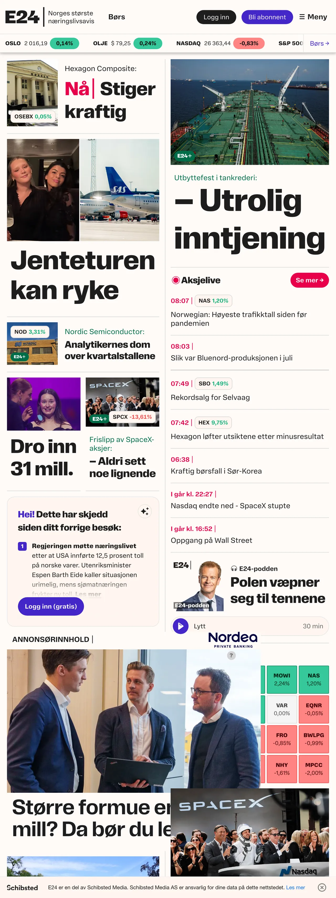 Screenshot of the E24 front page