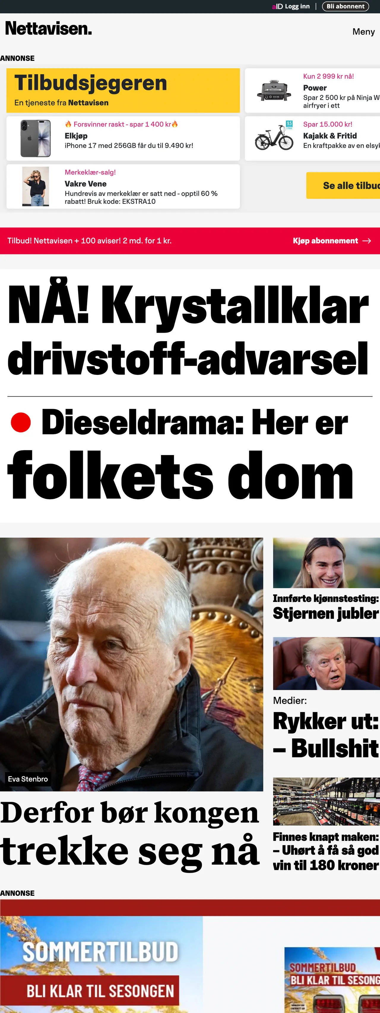 Screenshot of the Nettavisen front page