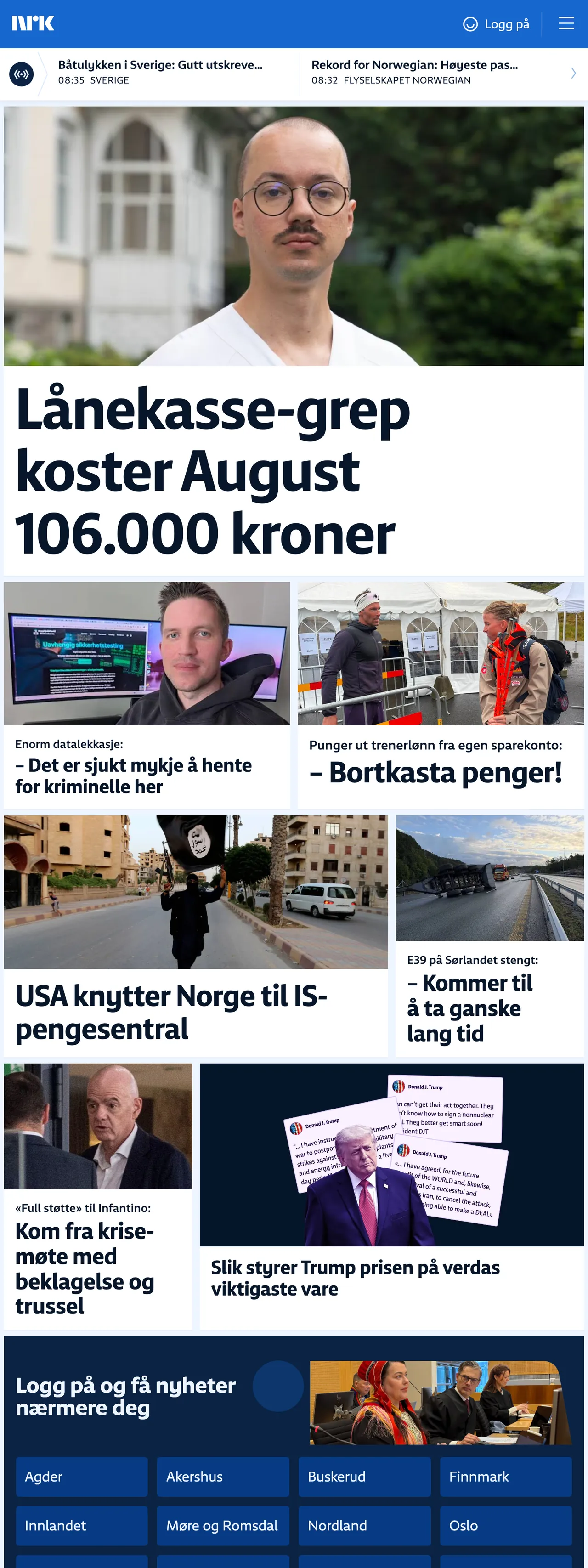Screenshot of the NRK front page